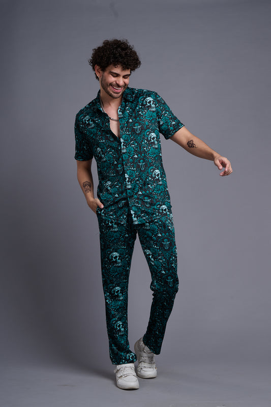 Skull and Rose Printed Green Shirt With Pant Co-Ord Set For Men