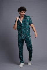 Skull and Rose Printed Green Shirt With Pant Co-Ord Set For Men