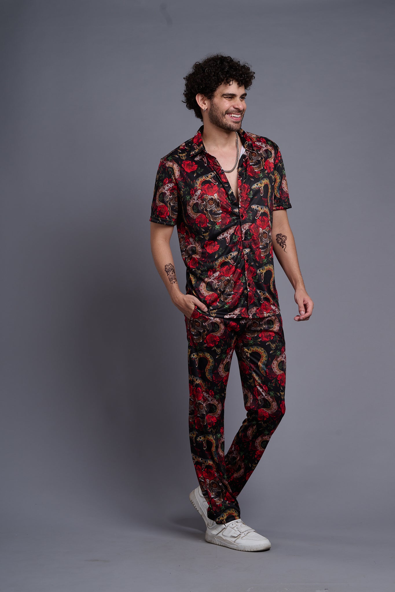 Rose with Snake Printed Shirt With Pant Co-Ord Set For Men