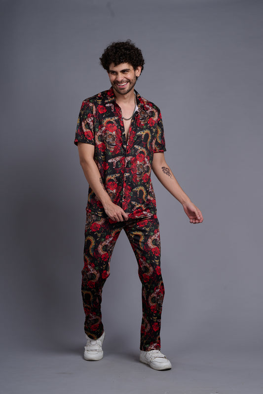 Rose with Snake Printed Shirt With Pant Co-Ord Set For Men