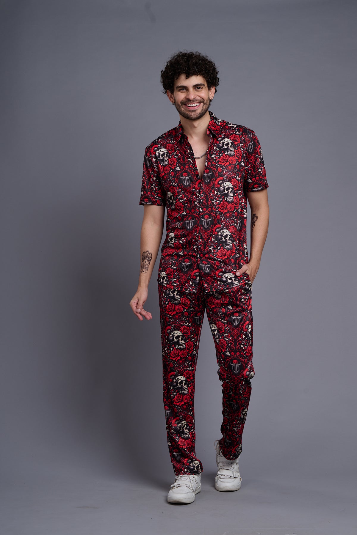 Skull and Rose Printed Red Shirt With Pant Co-Ord Set For Men