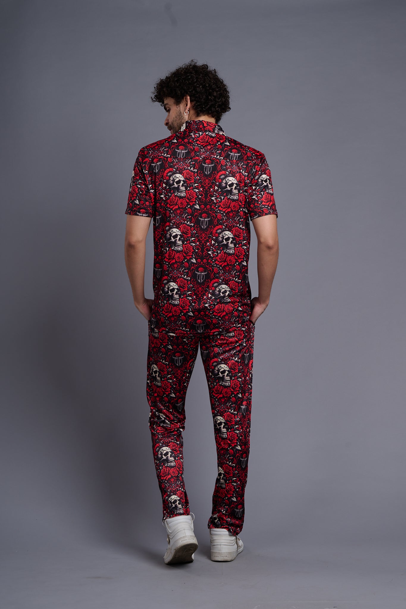 Skull and Rose Printed Red Shirt With Pant Co-Ord Set For Men