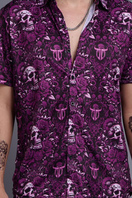 Skull and Rose Printed Purple Shirt with Pant Co-Ord Set For Men