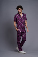 Skull and Rose Printed Purple Shirt with Pant Co-Ord Set For Men