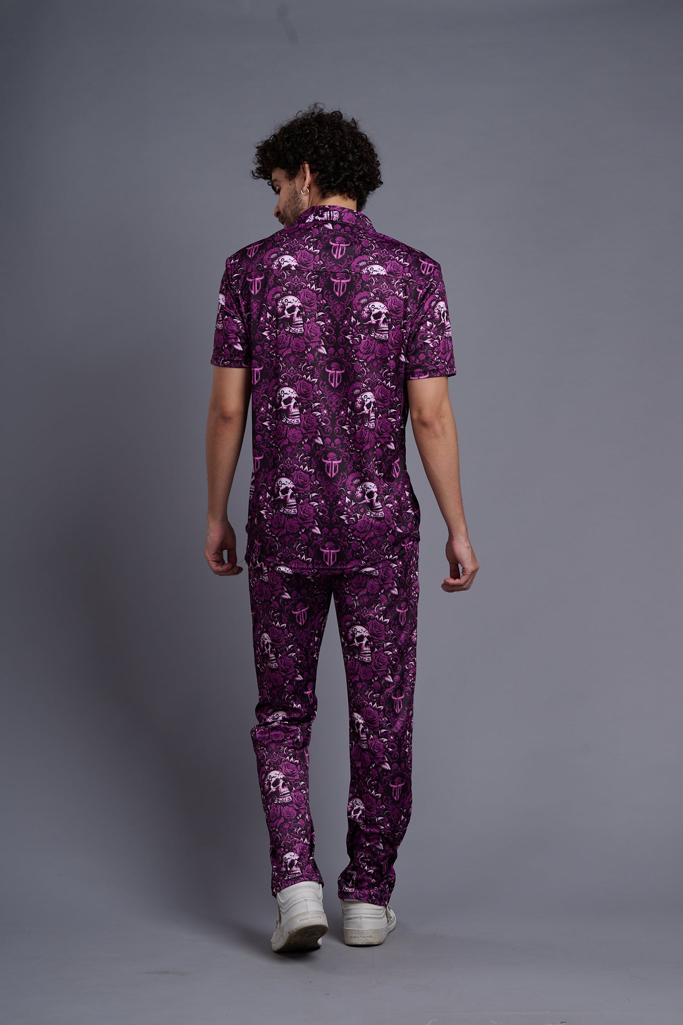 Skull and Rose Printed Purple Shirt with Pant Co-Ord Set For Men