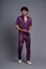 Skull and Rose Printed Purple Shirt with Pant Co-Ord Set For Men
