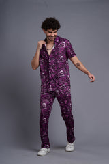 Skull and Rose Printed Purple Shirt with Pant Co-Ord Set For Men