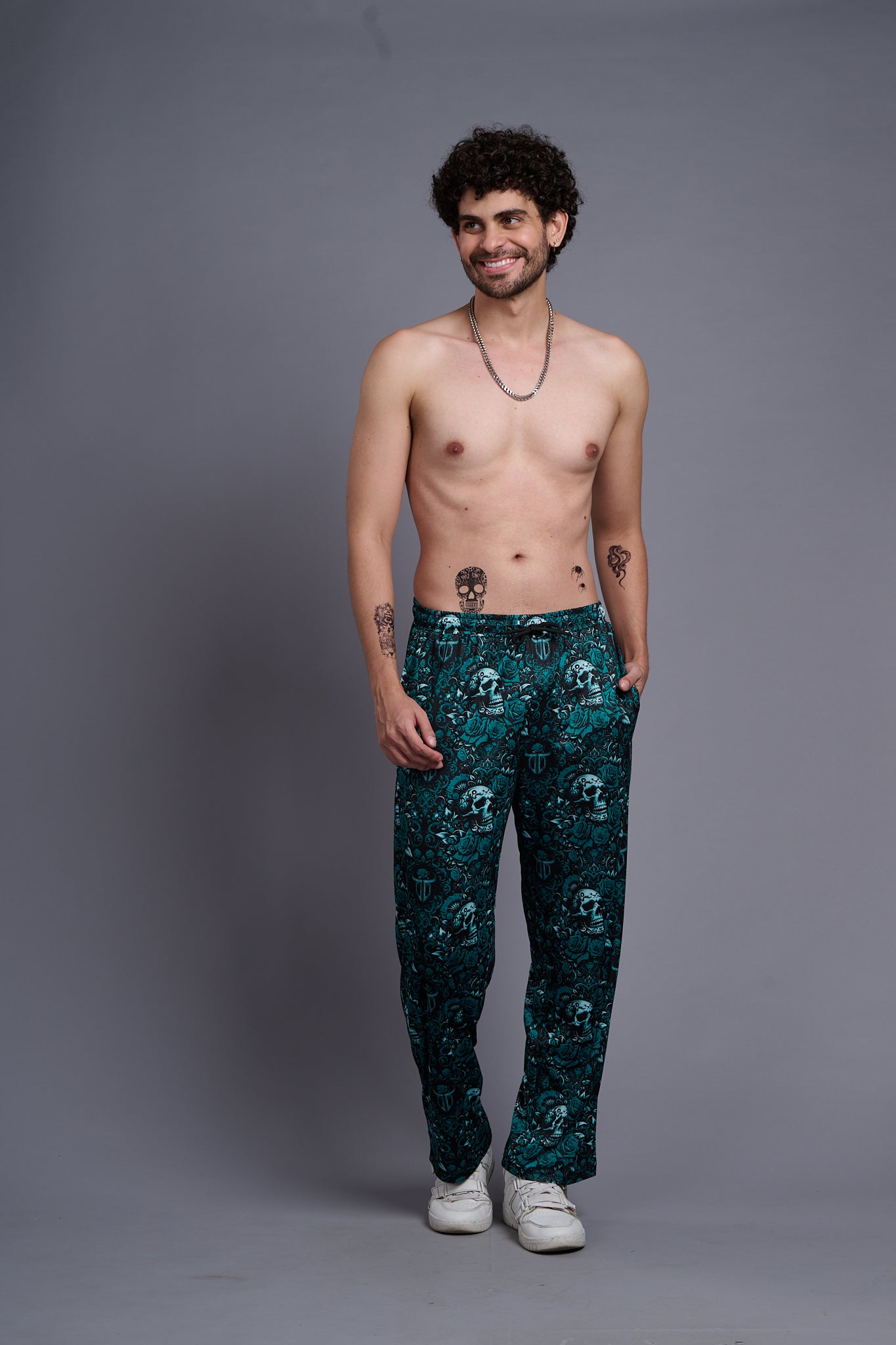 Skull with Rose Printed Green Joggers for Men