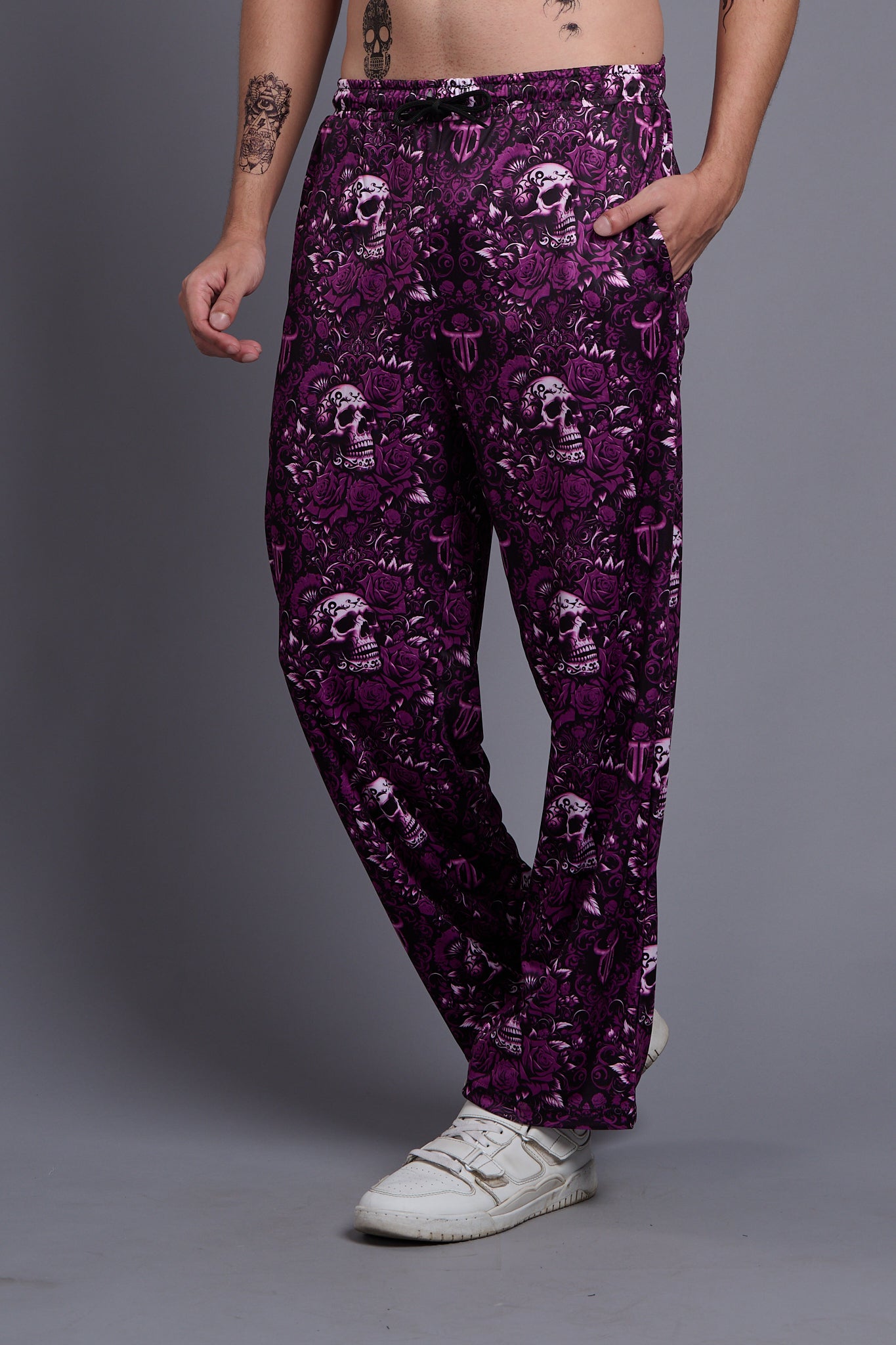 Skull and Rose Printed Purple Joggers for Men