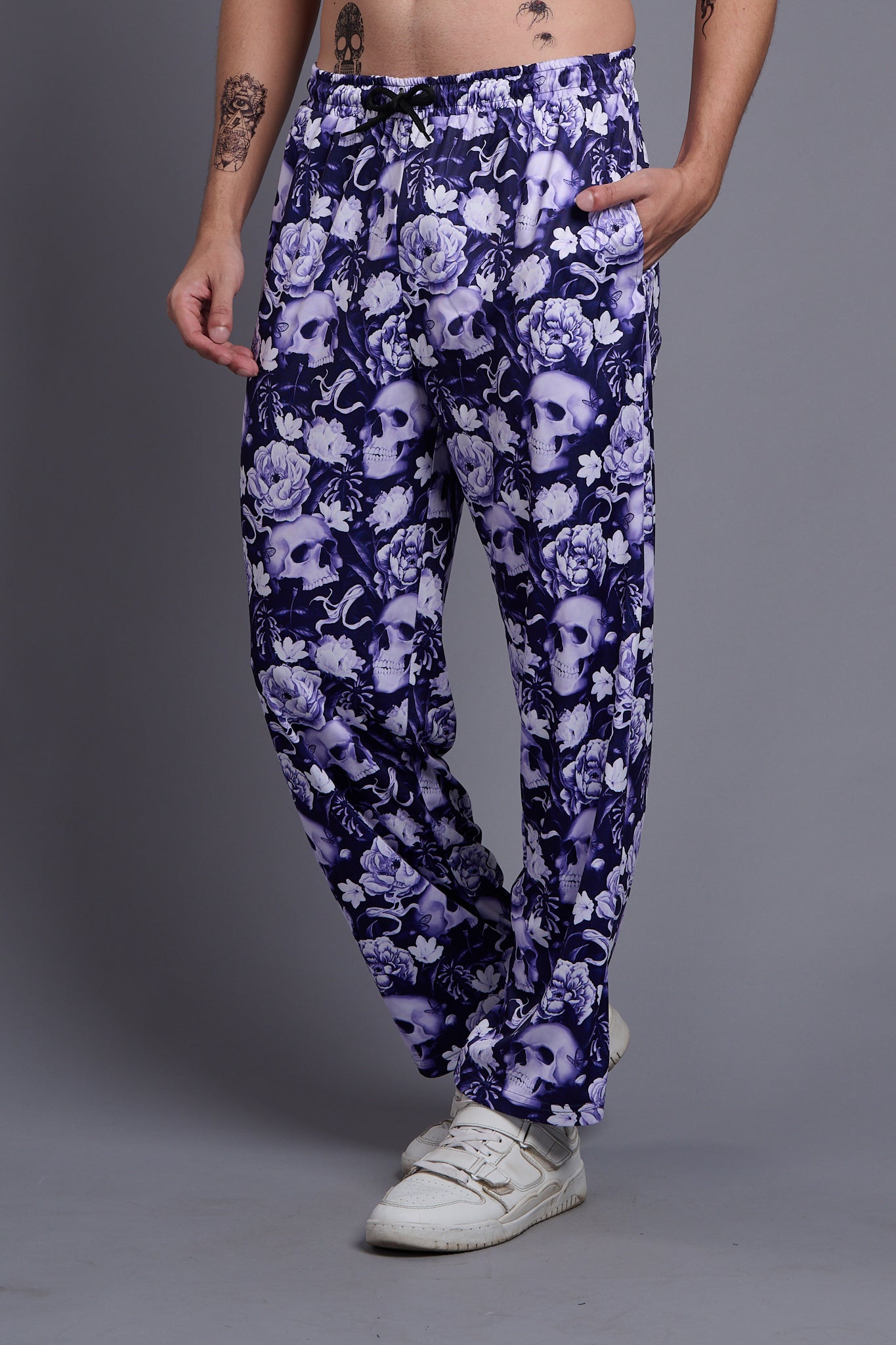 Flower Printed White and Royal Blue Joggers for Men