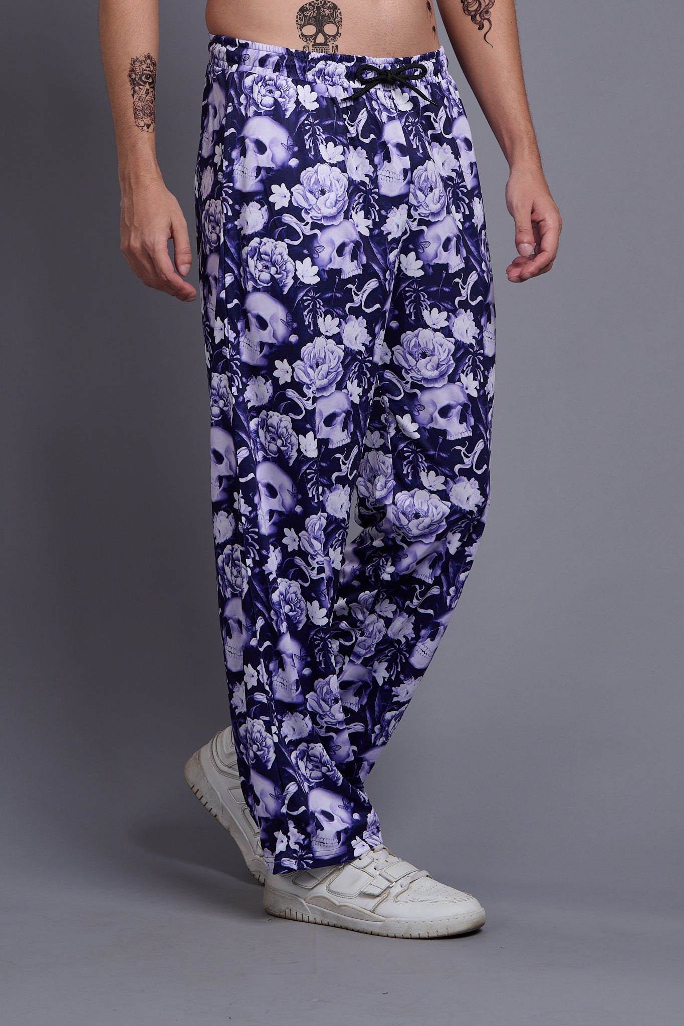 Flower Printed White and Royal Blue Joggers for Men