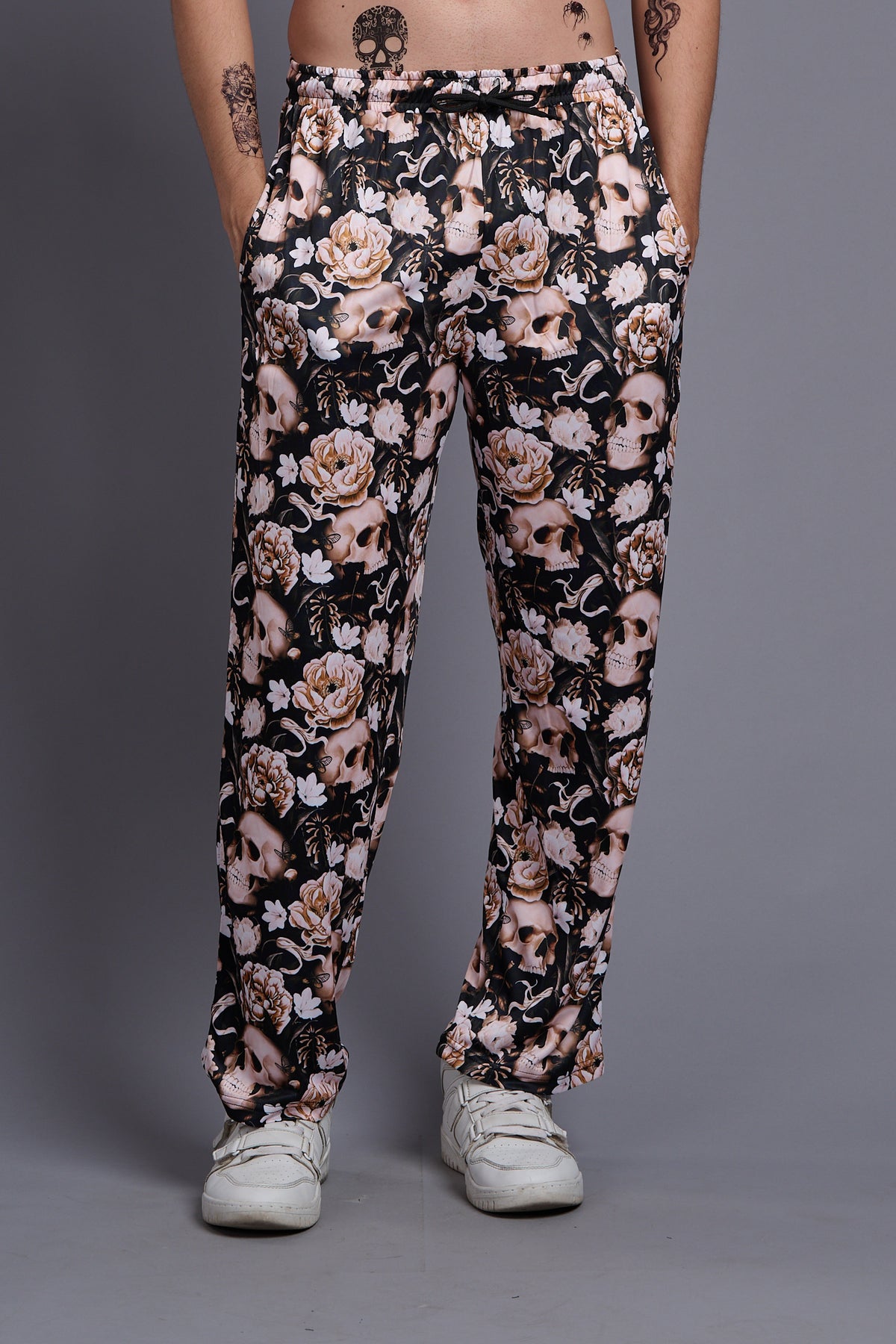 Flower Printed Black and White Joggers for Men