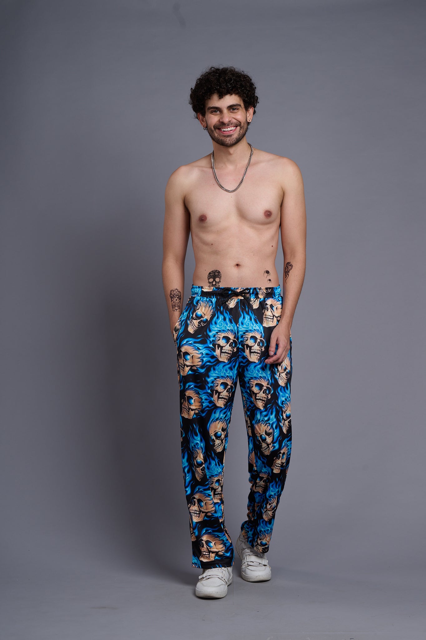 Blue Flaming Skull Printed Royal Joggers for Men