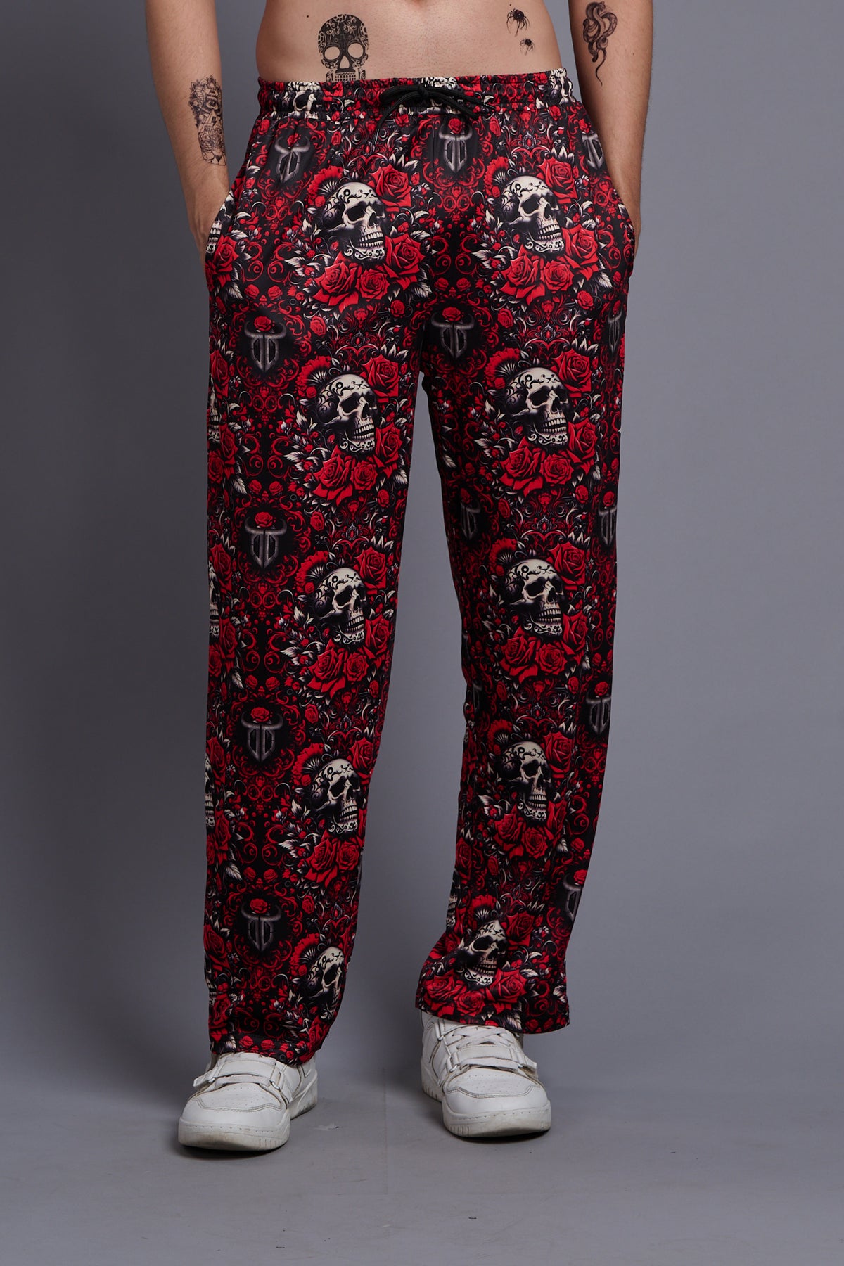 Skull with Rose Printed Red Joggers for Men