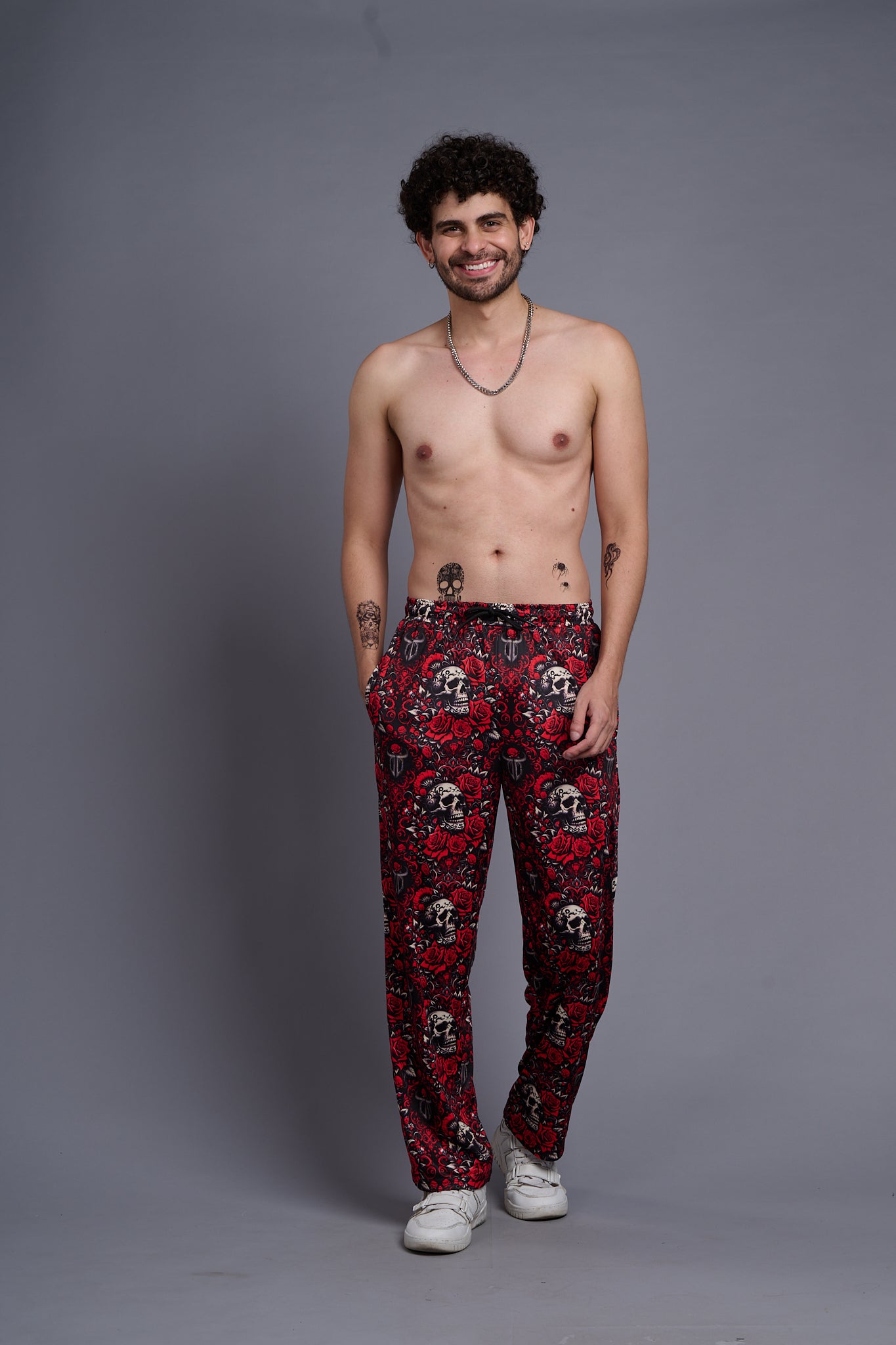 Skull with Rose Printed Red Joggers for Men