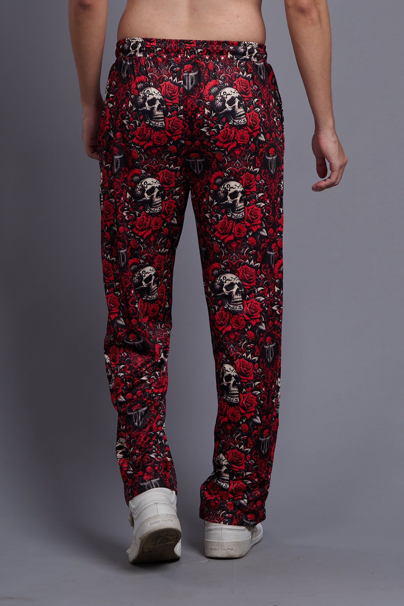 Skull with Rose Printed Red Joggers for Men