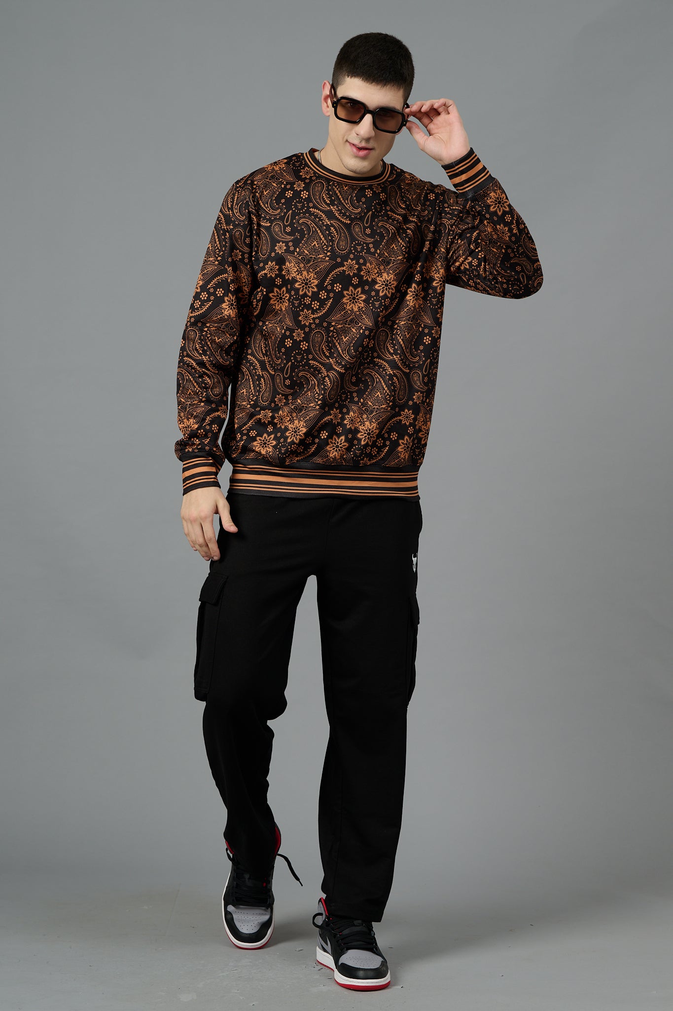 Paisley Design (in Brown) Printed Black Sweatshirt for Men