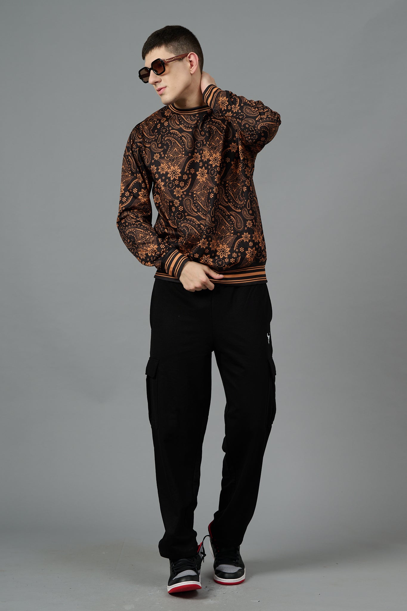 Paisley Design (in Brown) Printed Black Sweatshirt for Men