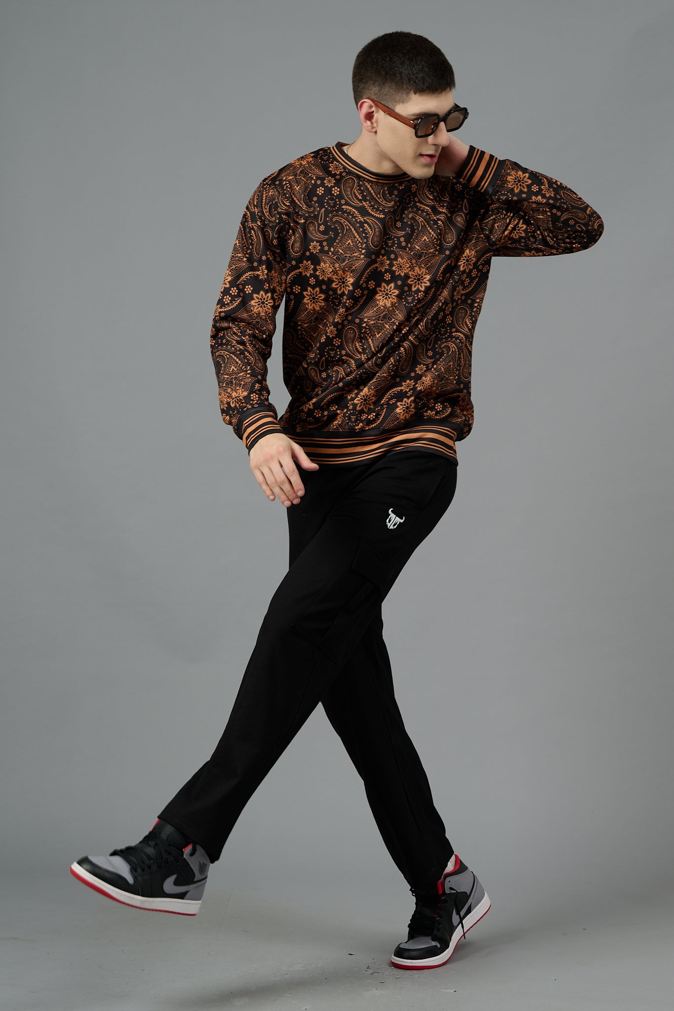 Paisley Design (in Brown) Printed Black Sweatshirt for Men