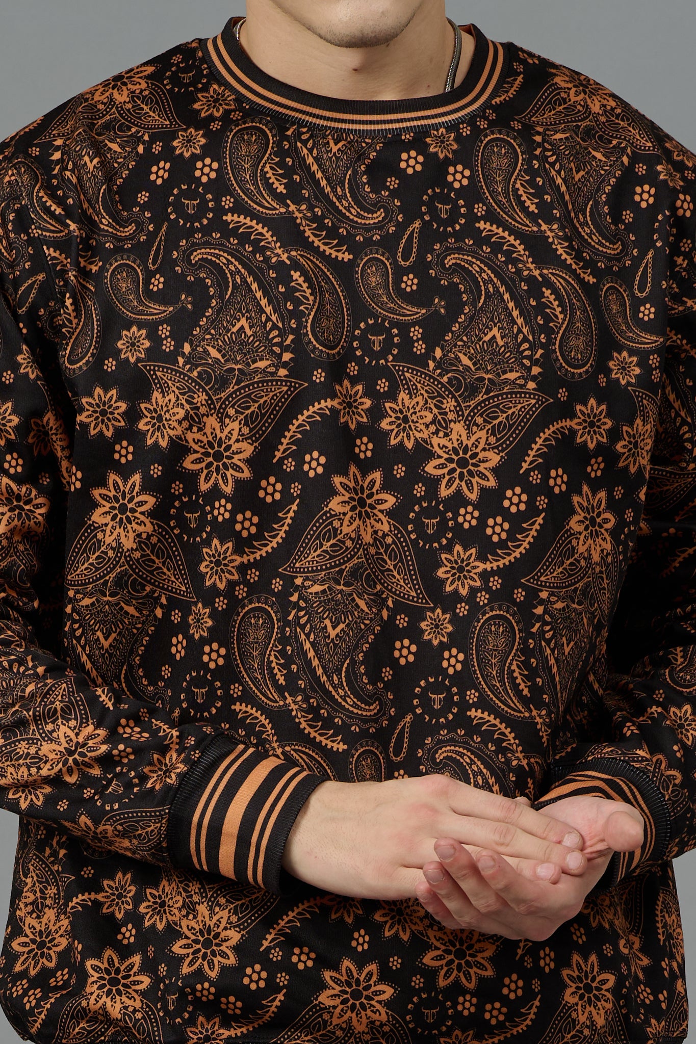 Paisley Design (in Brown) Printed Black Sweatshirt for Men