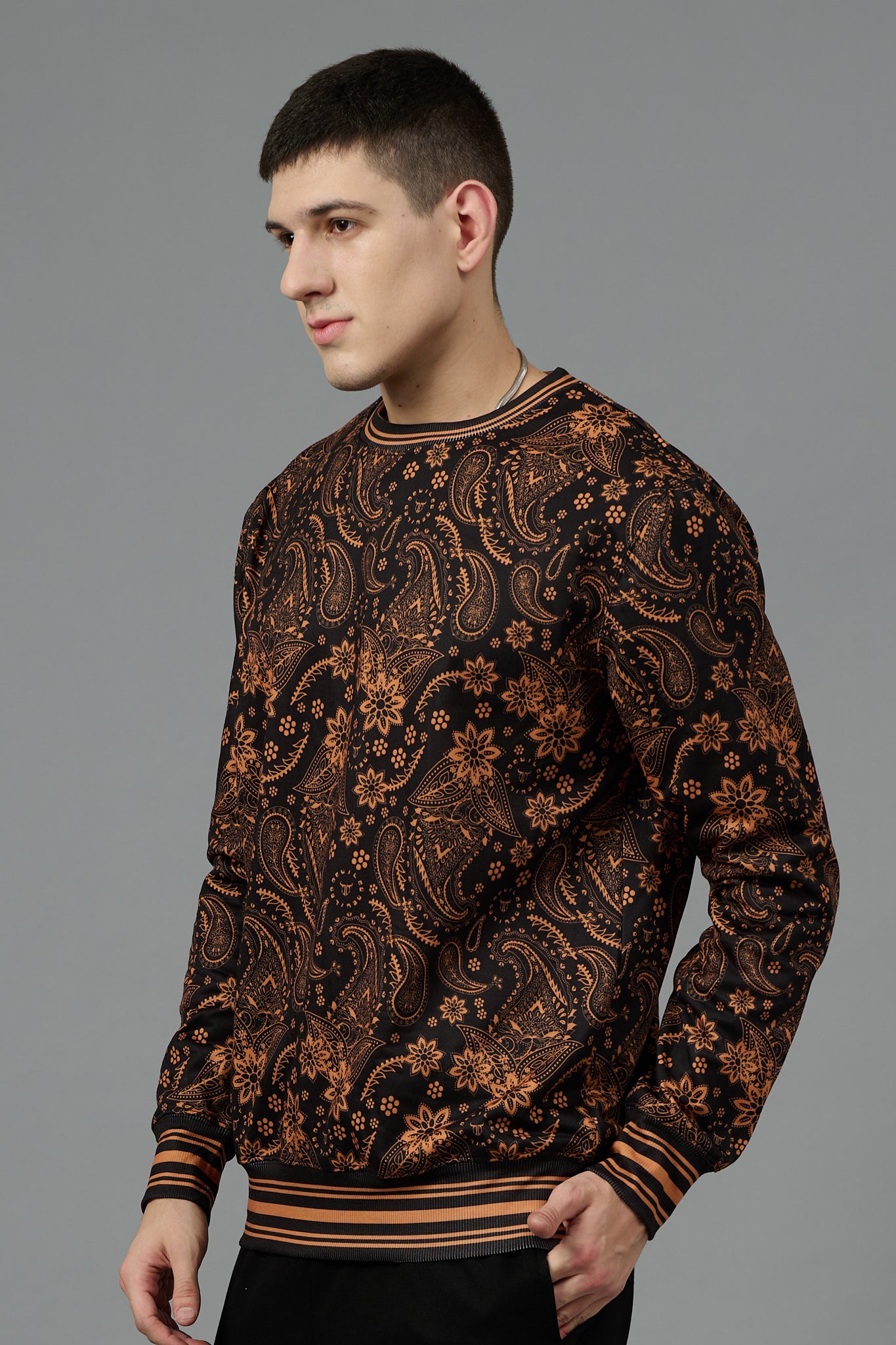 Paisley Design (in Brown) Printed Black Sweatshirt for Men