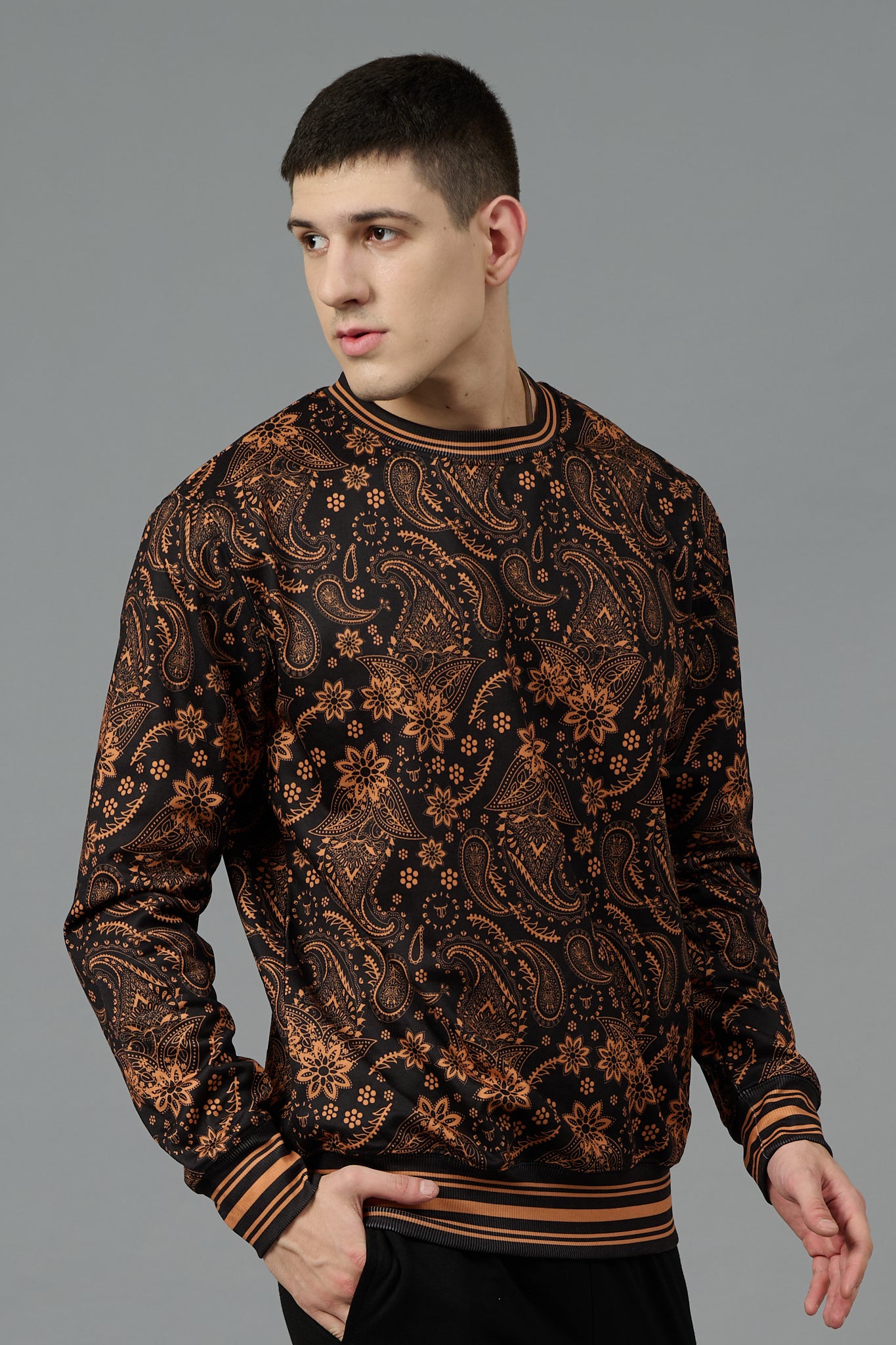 Paisley Design (in Brown) Printed Black Sweatshirt for Men