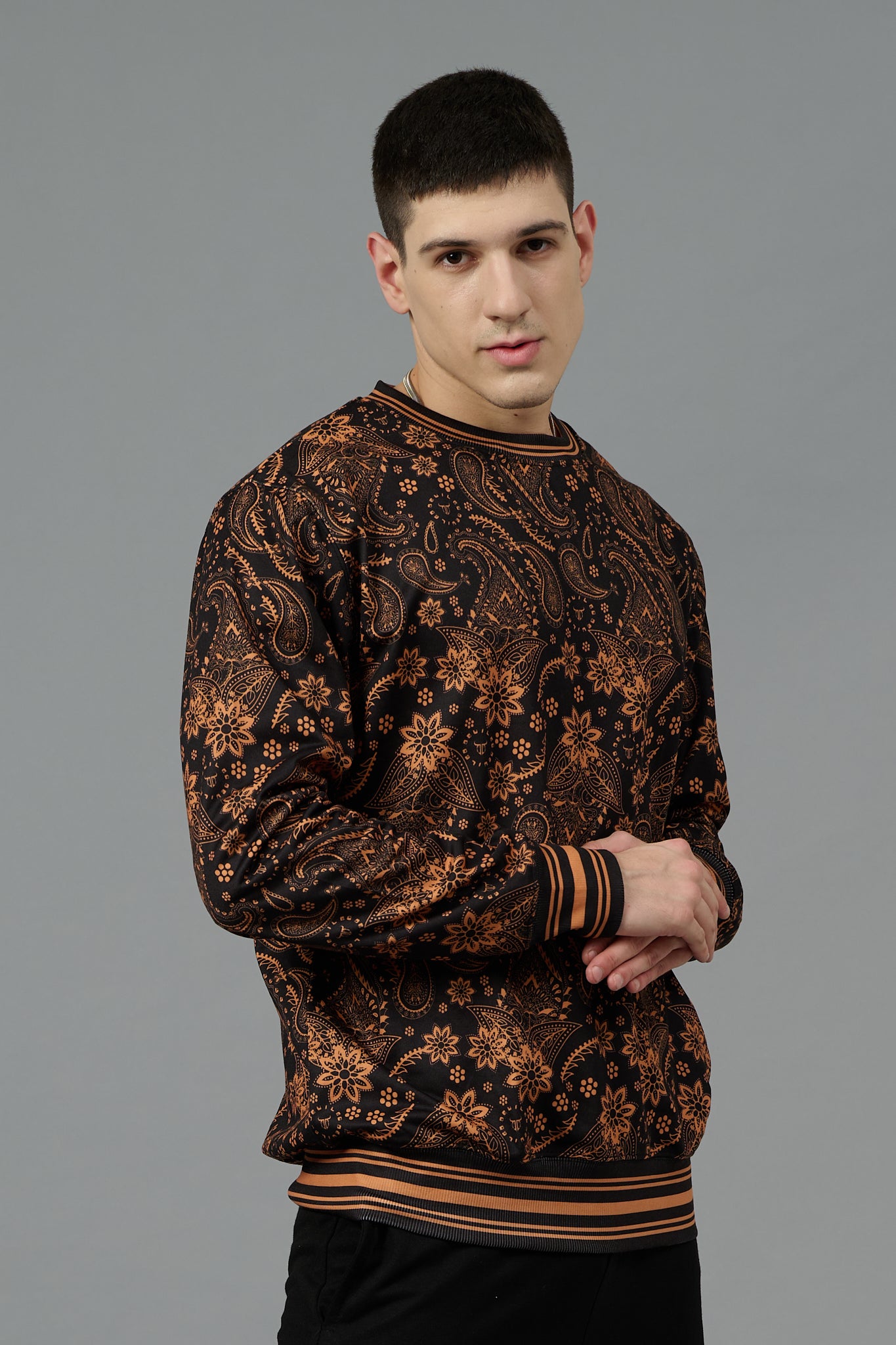 Paisley Design (in Brown) Printed Black Sweatshirt for Men