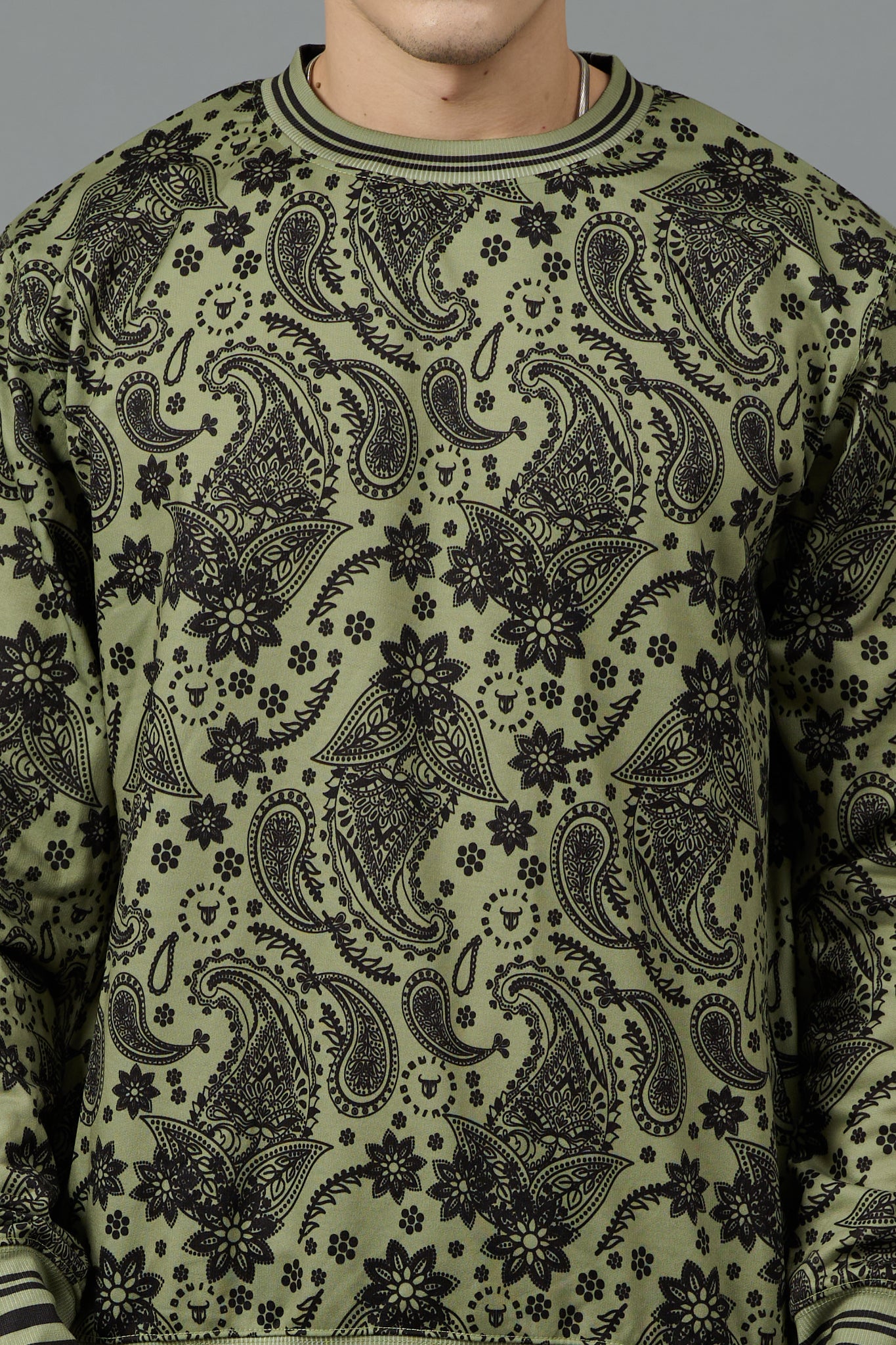 Paisley Design Printed Green Sweatshirt for Men