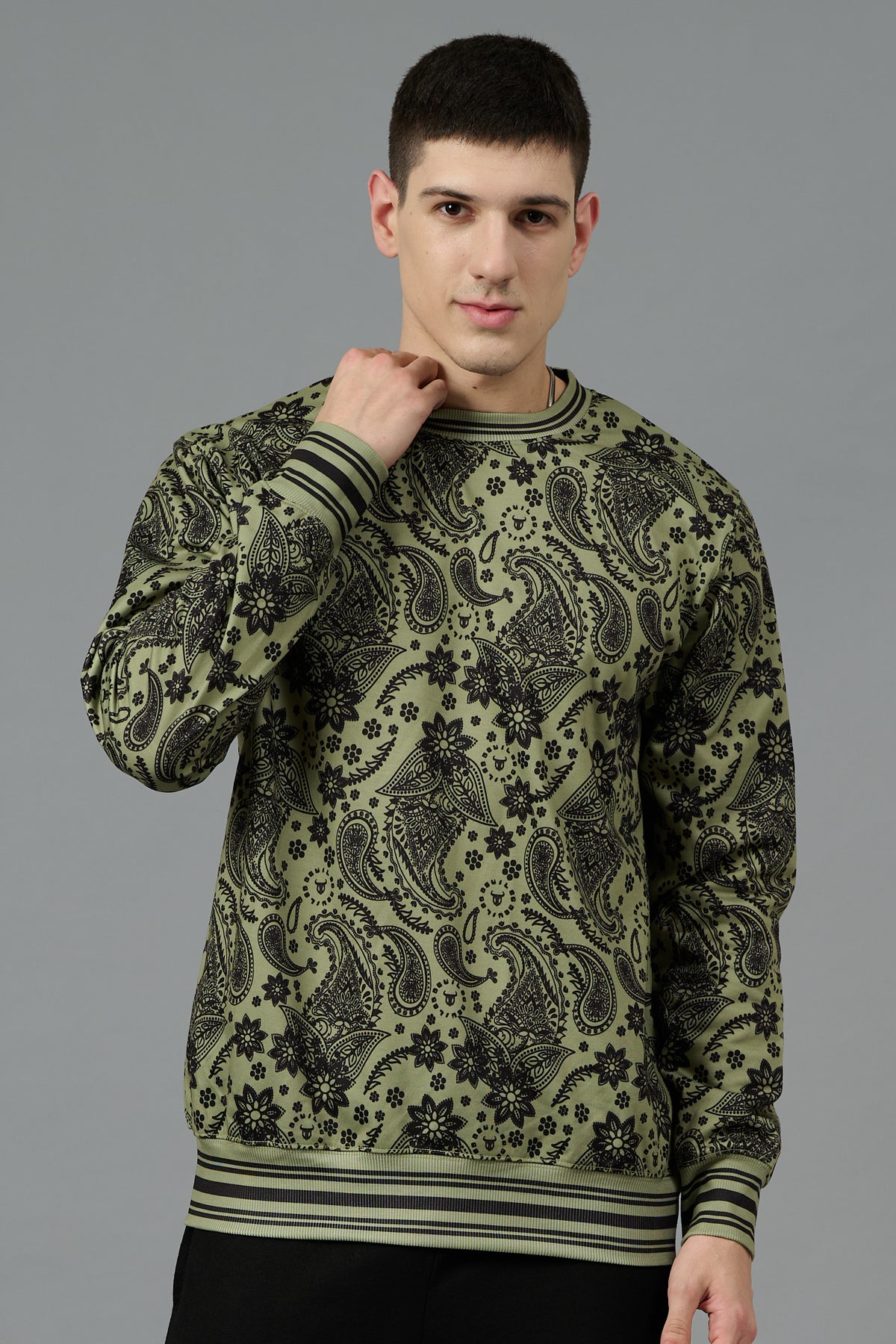 Paisley Design Printed Green Sweatshirt for Men