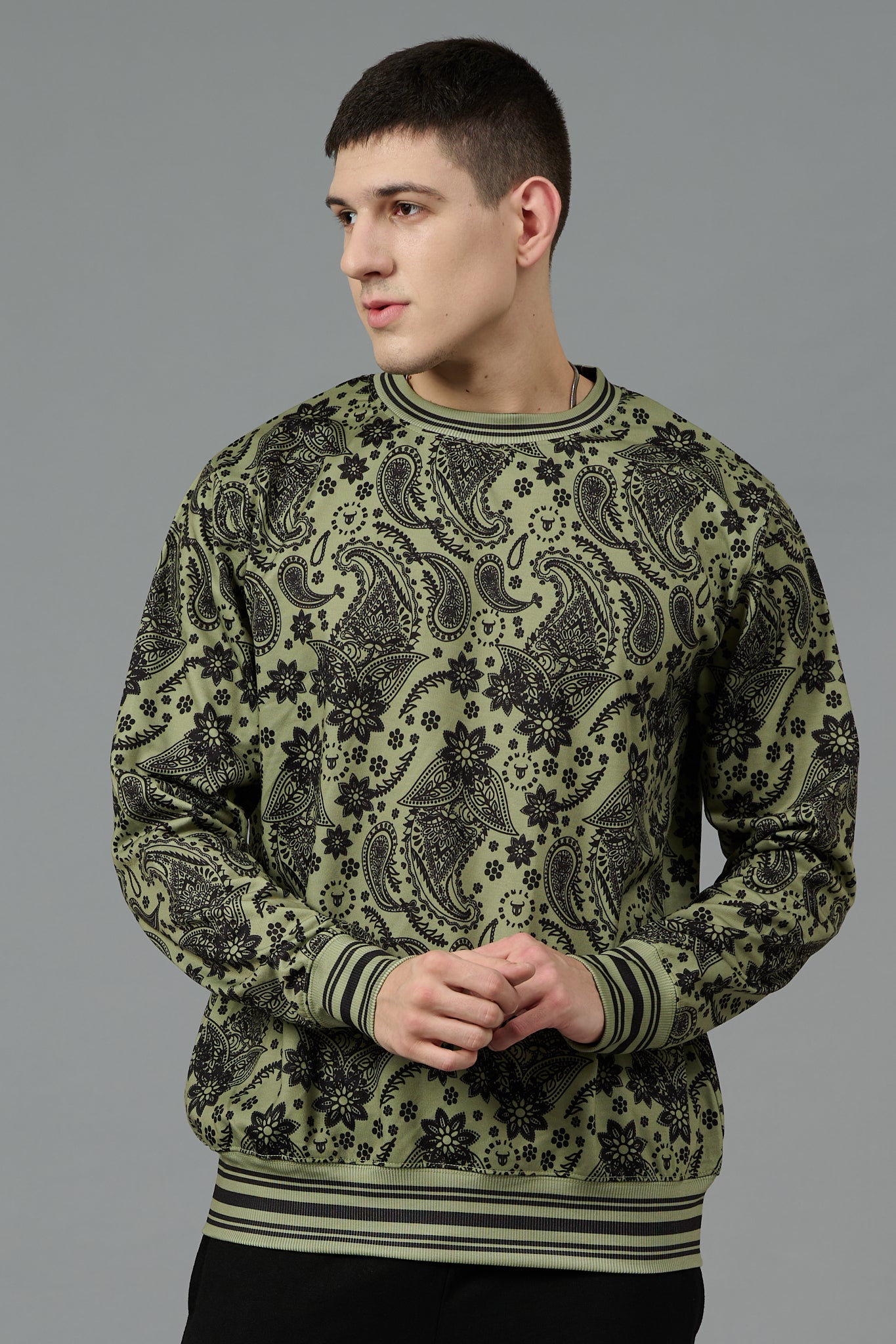 Paisley Design Printed Green Sweatshirt for Men