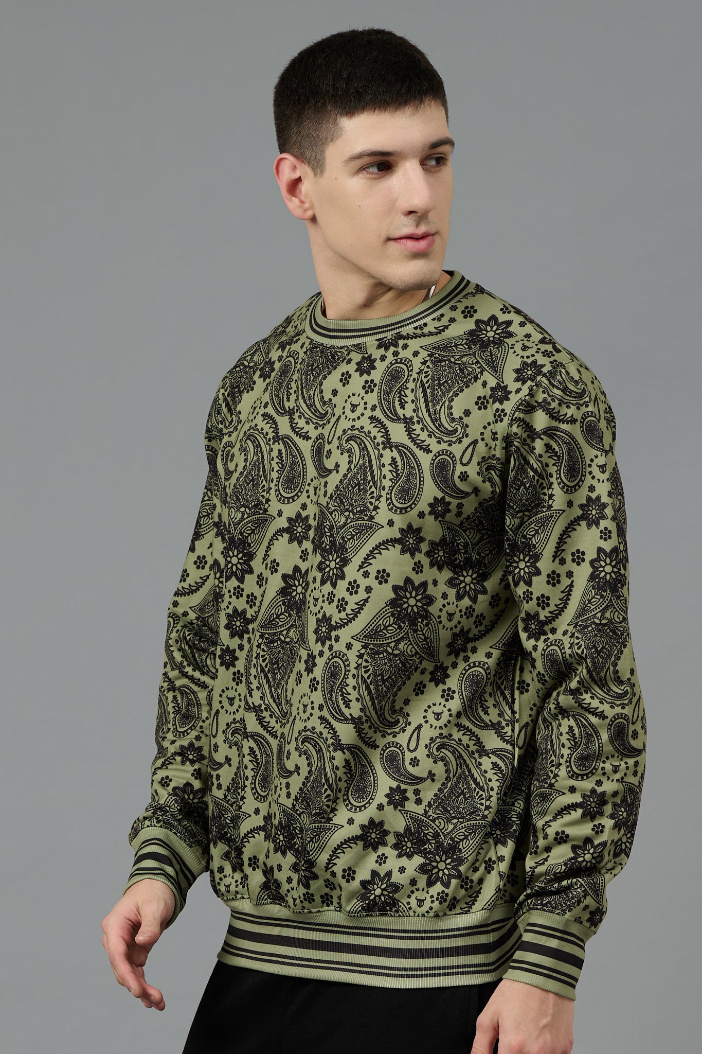 Paisley Design Printed Green Sweatshirt for Men