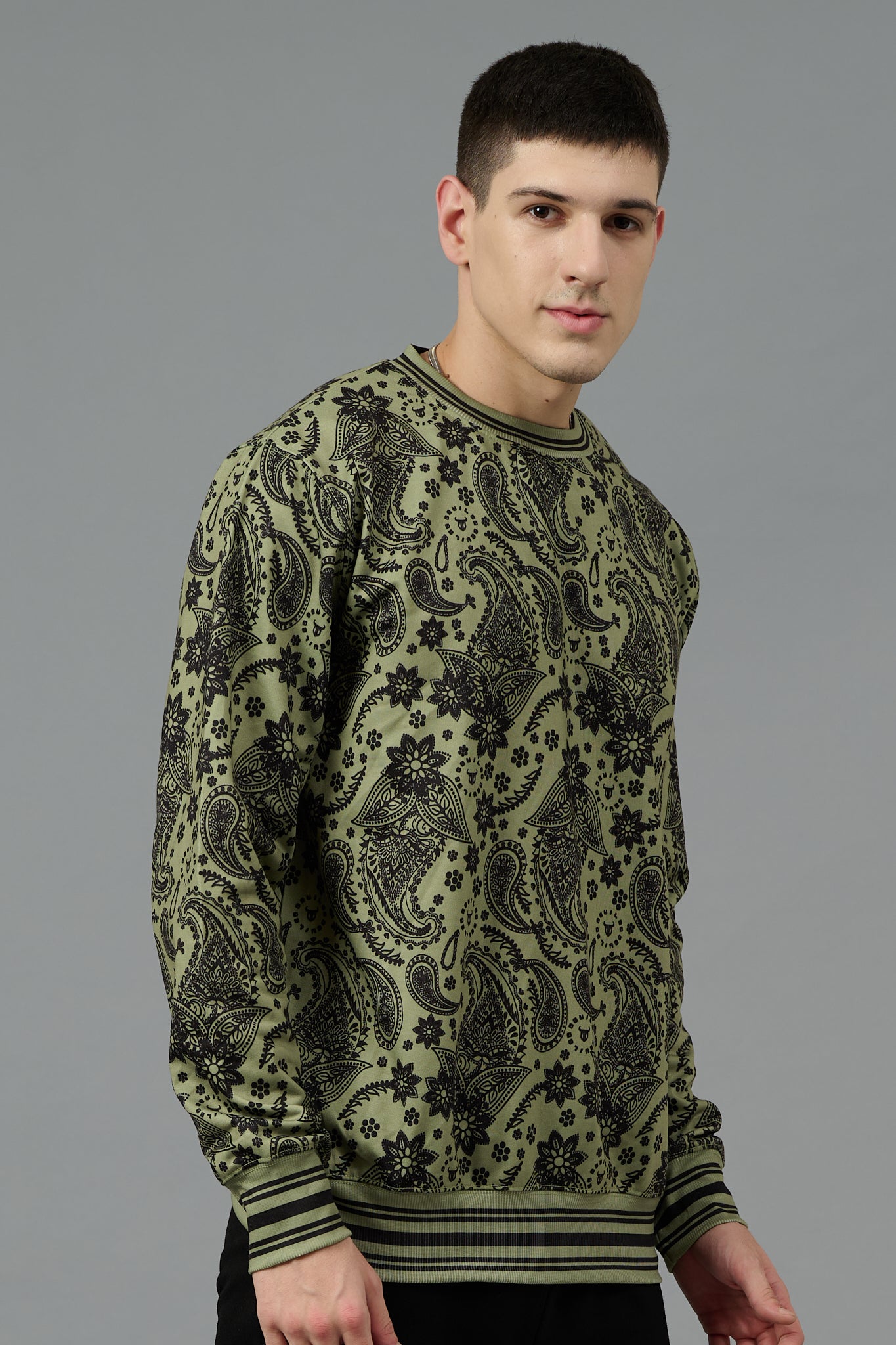 Paisley Design Printed Green Sweatshirt for Men