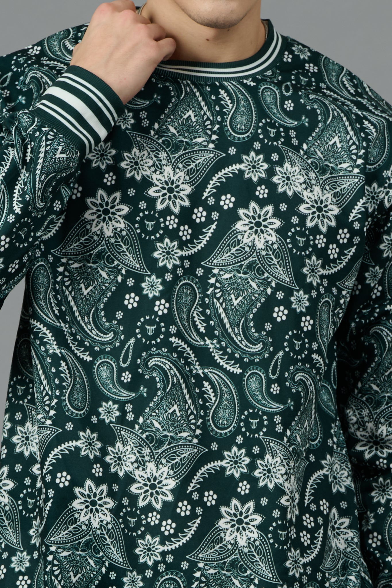 Paisley Design Printed Dark Green Sweatshirt for Men