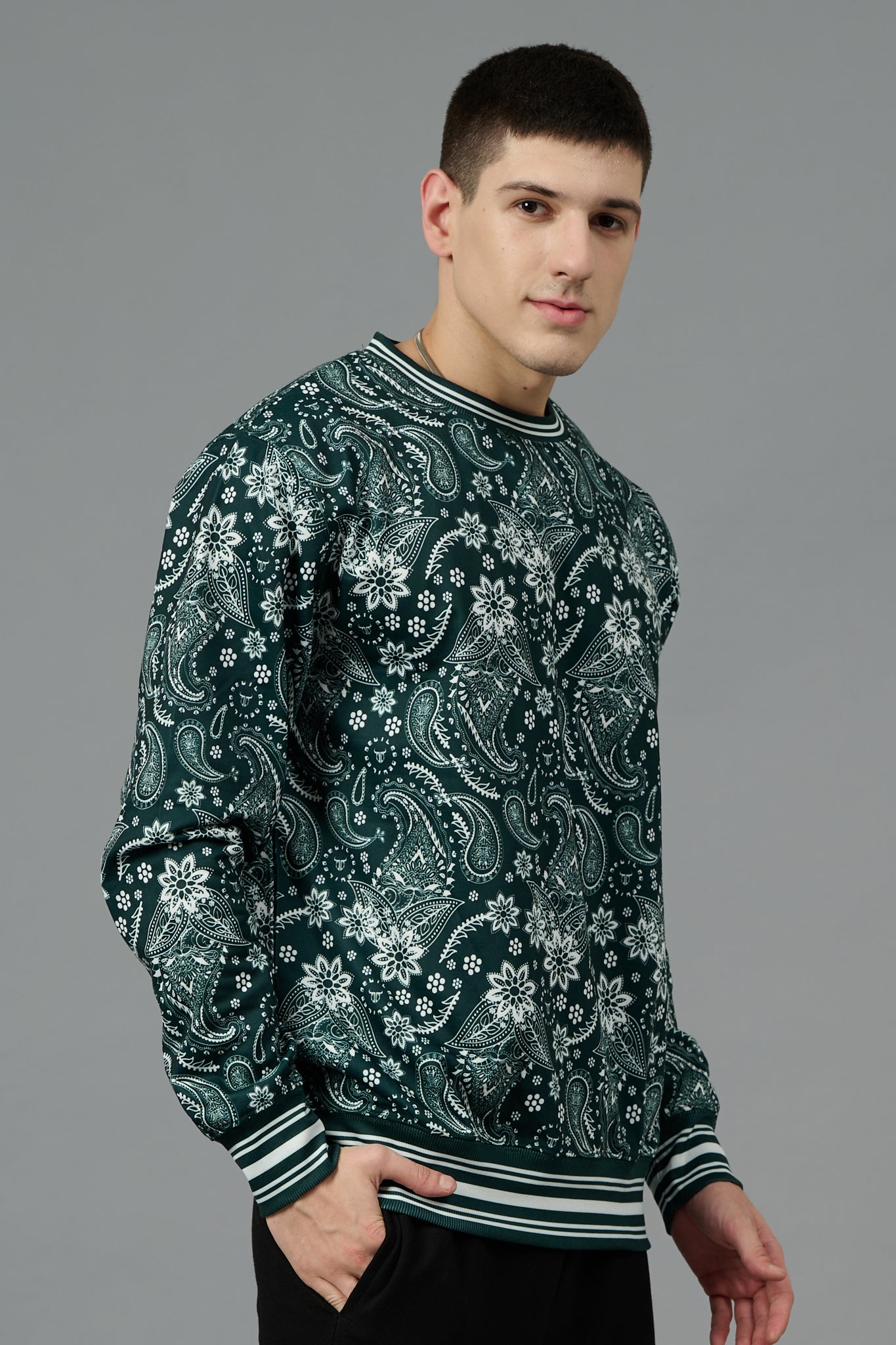 Paisley Design Printed Dark Green Sweatshirt for Men