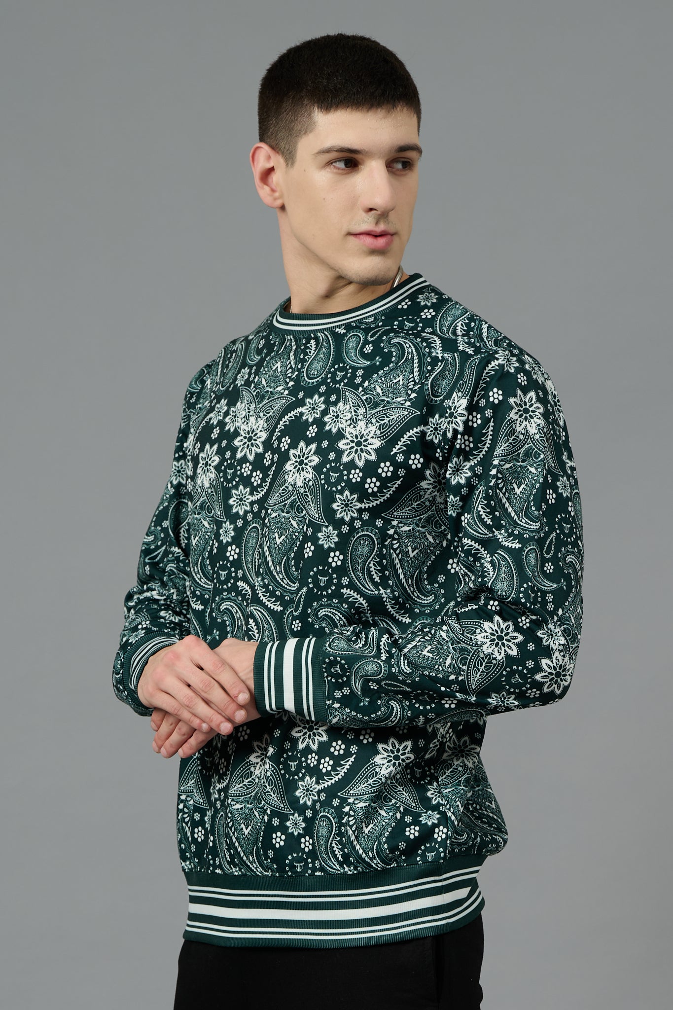 Paisley Design Printed Dark Green Sweatshirt for Men