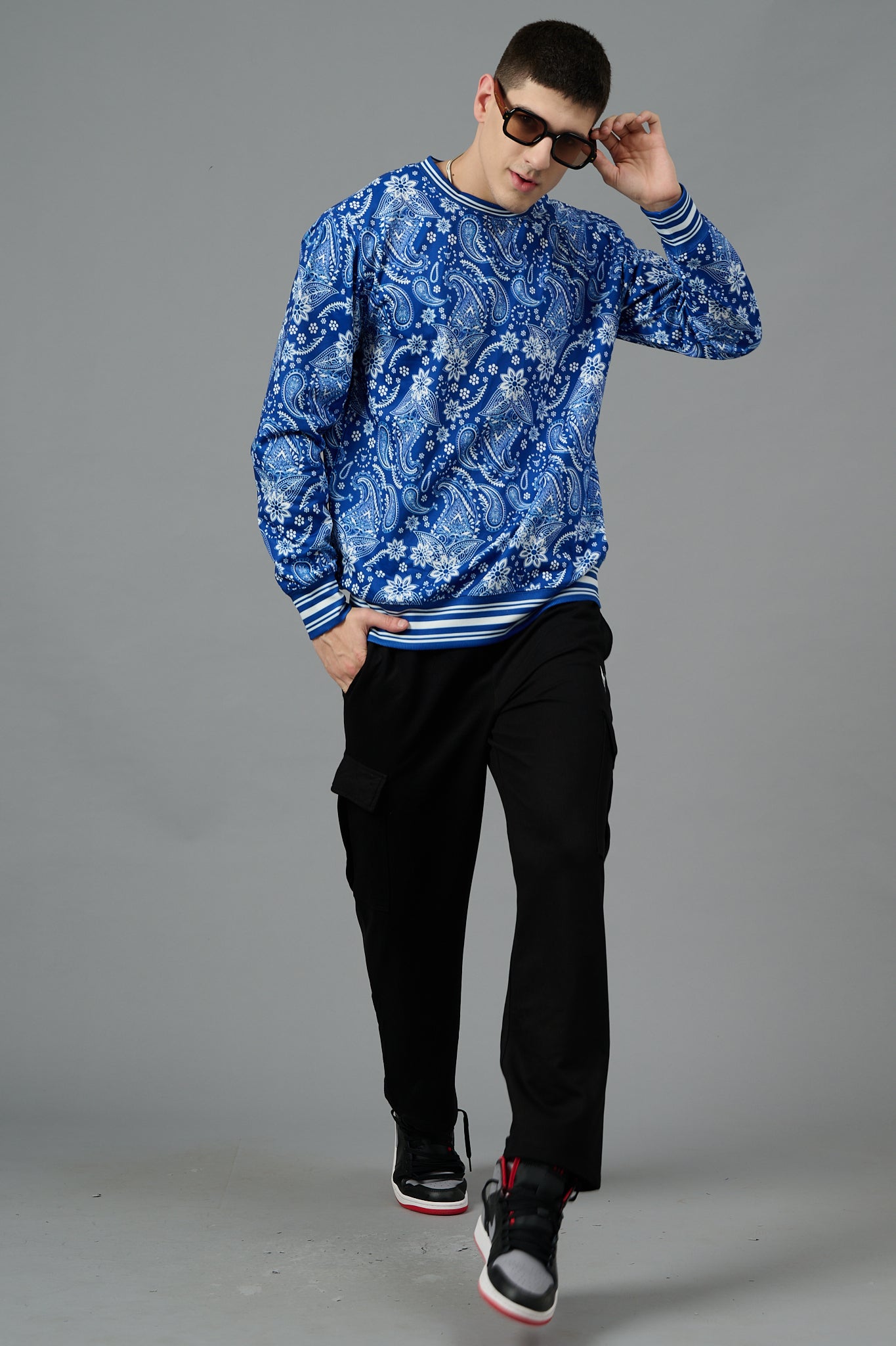 Paisley Design Printed Blue Sweatshirt for Men