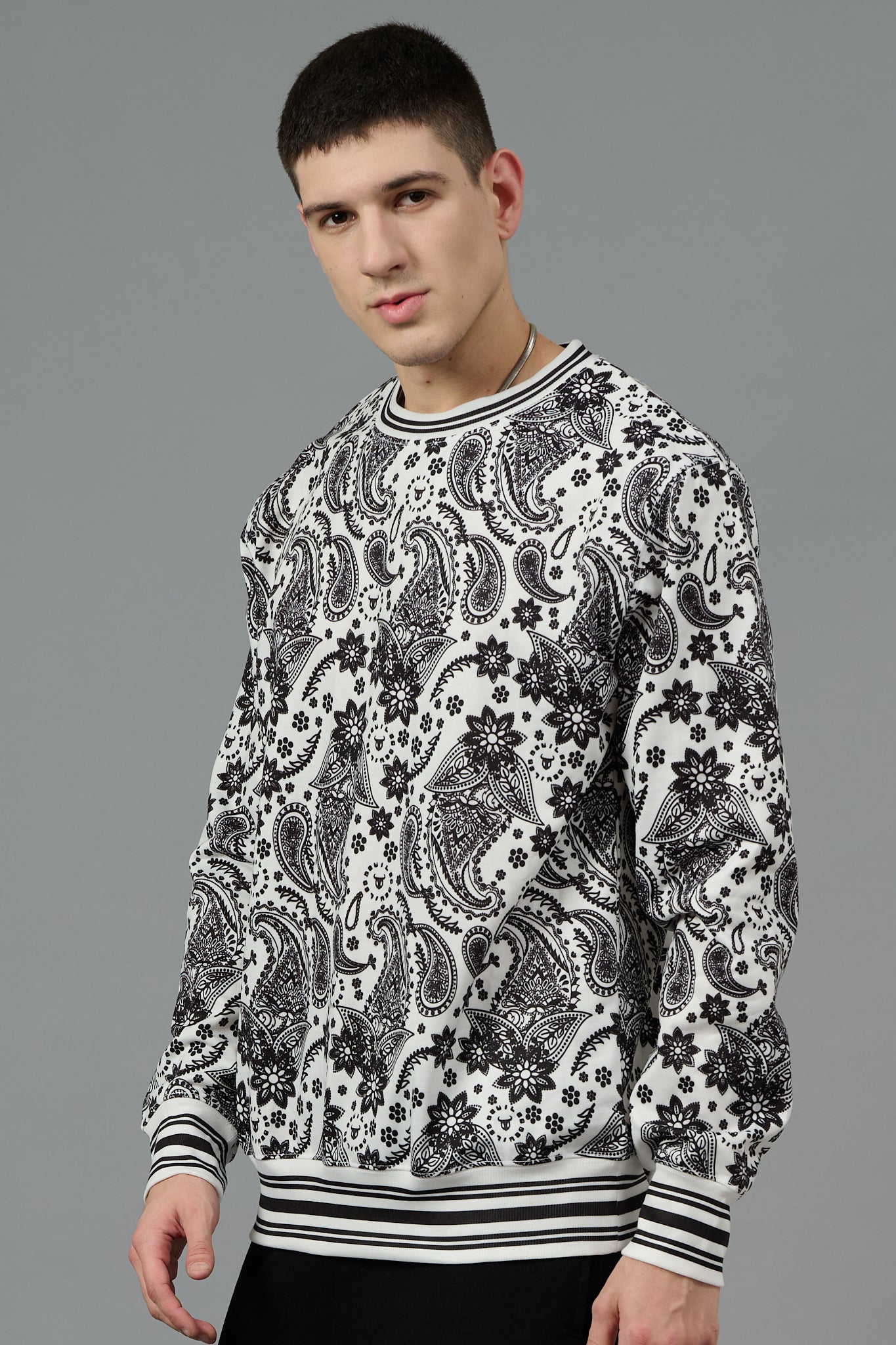 Paisley Design Printed White Sweatshirt for Men