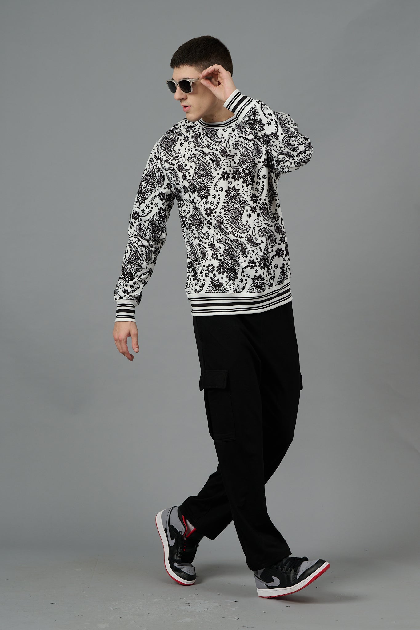 Paisley Design Printed White Sweatshirt for Men