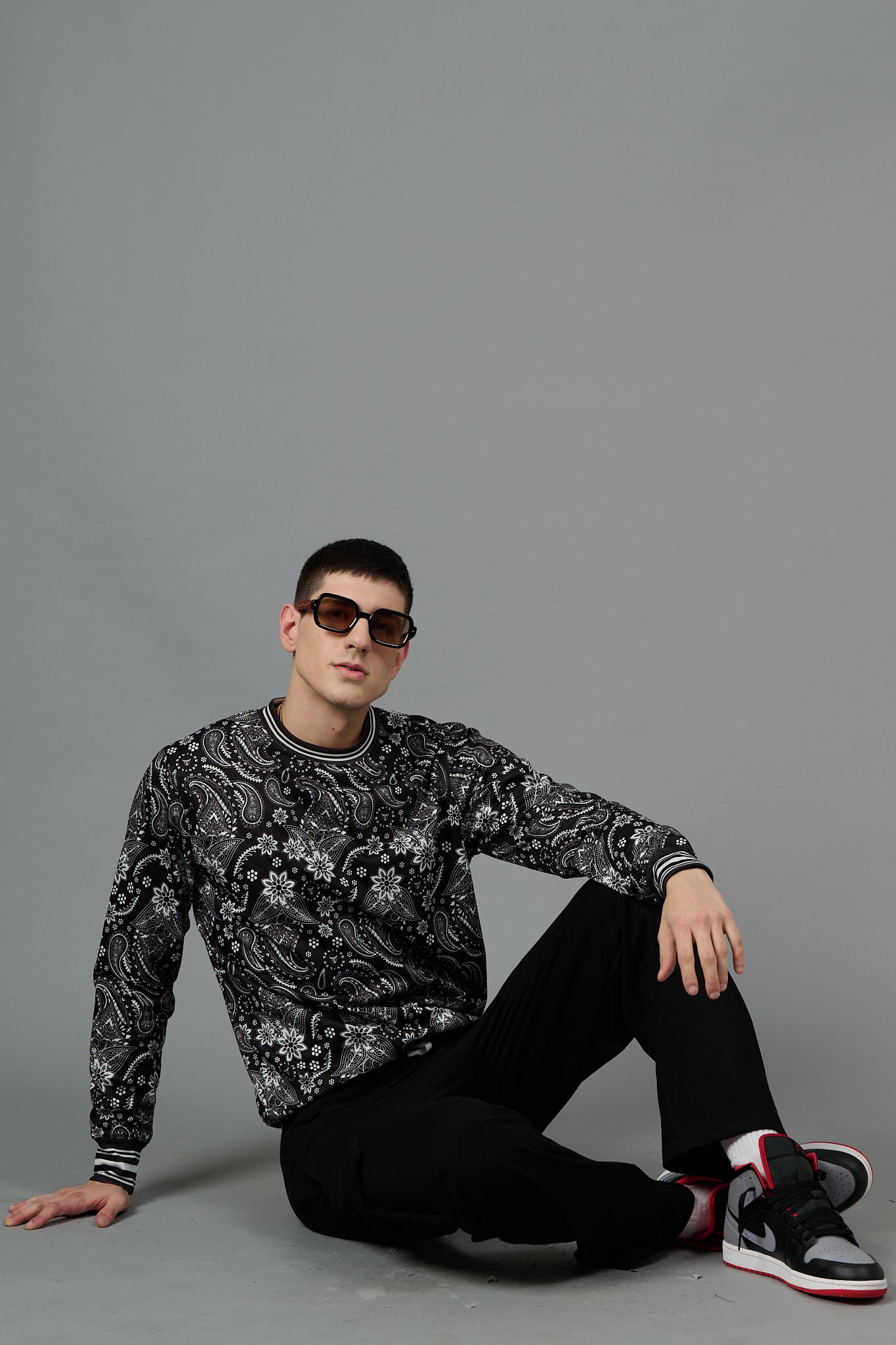 Paisley Design Printed Black Sweatshirt for Men