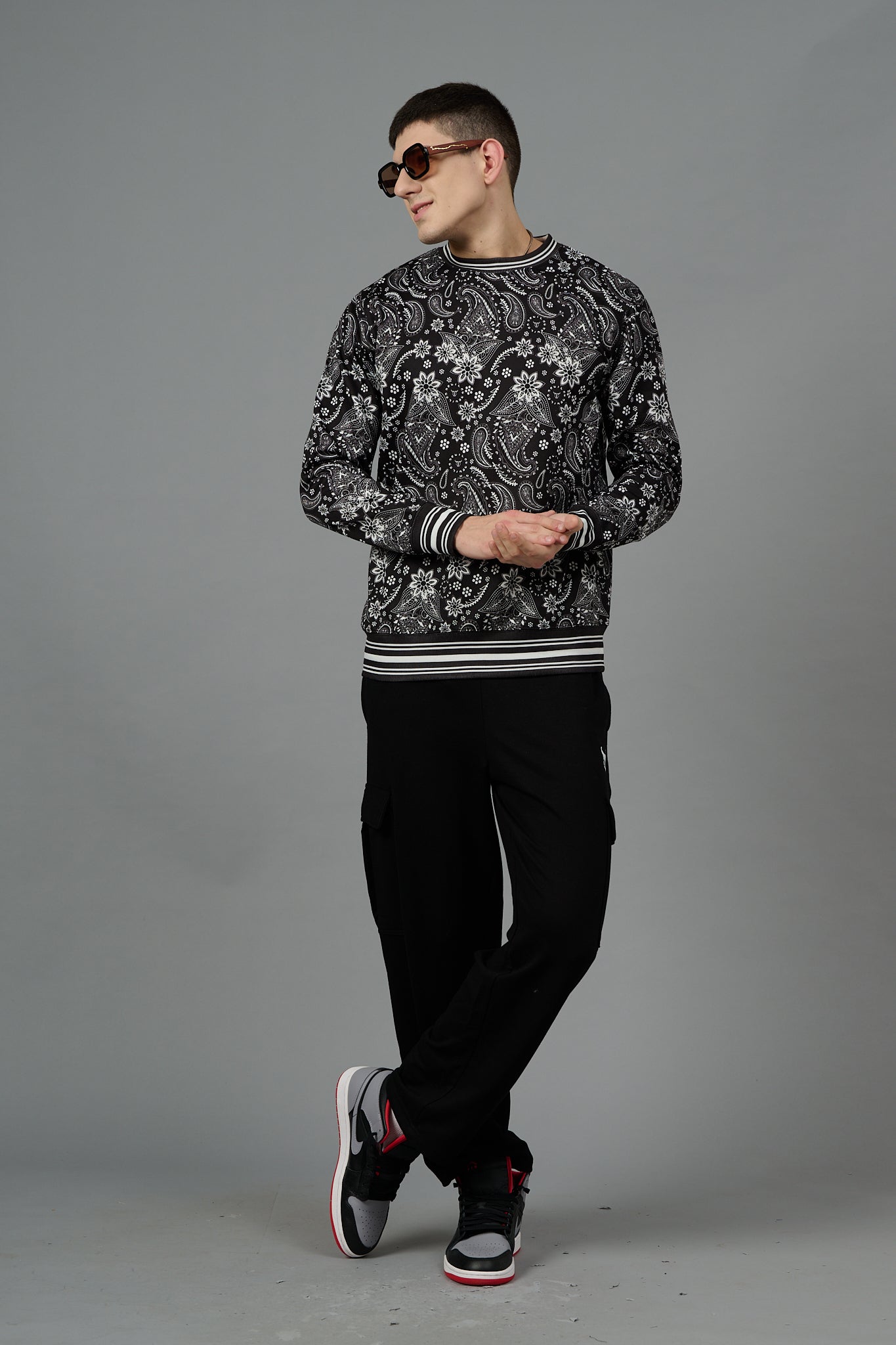 Paisley Design Printed Black Sweatshirt for Men