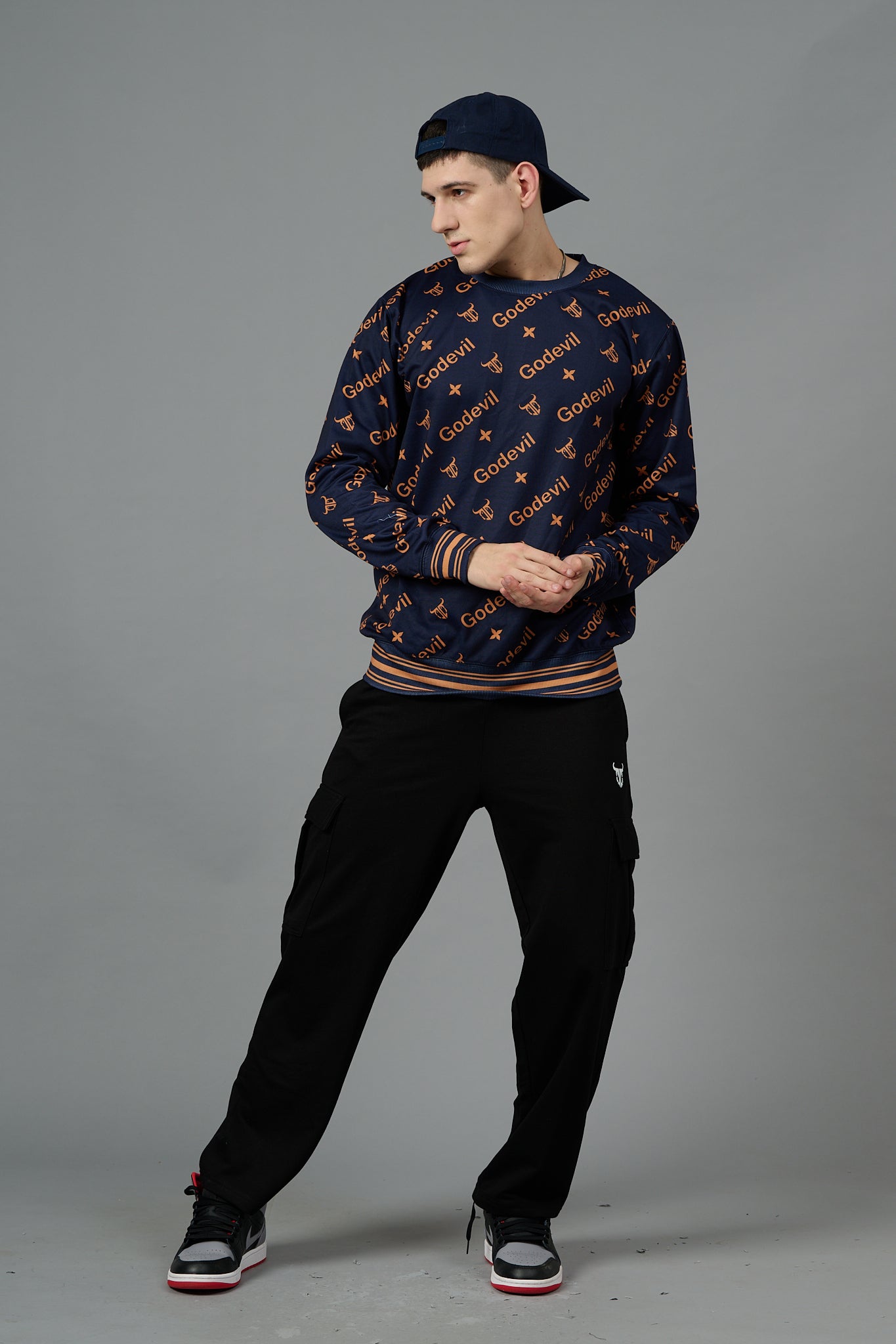 Go Devil All Over Print Orange Dark Blue Sweatshirt for Men