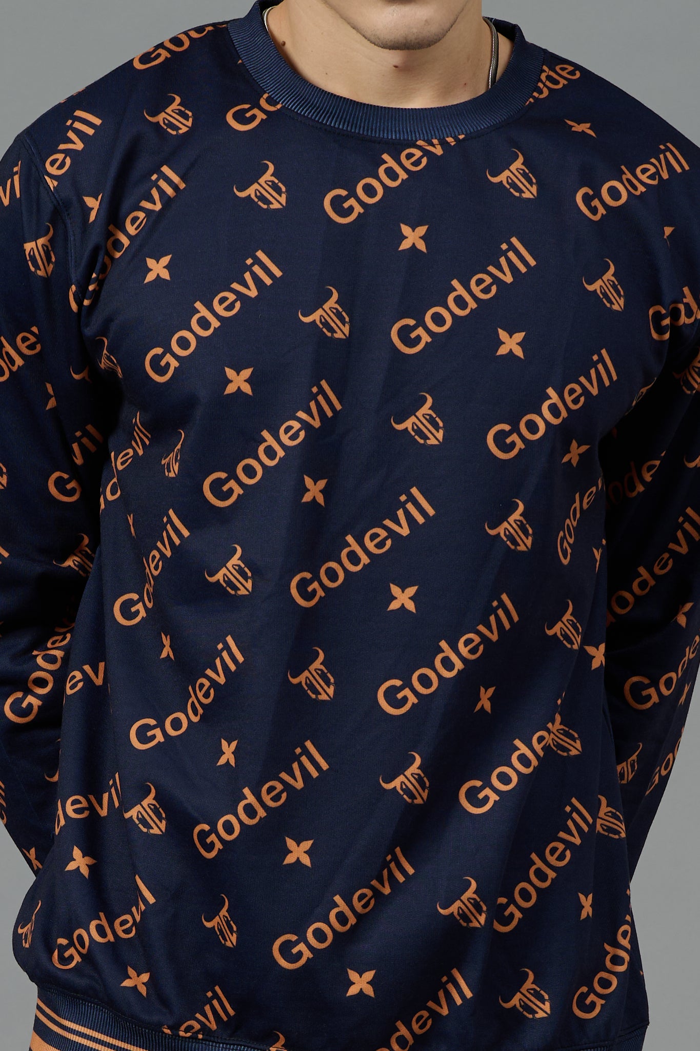 Go Devil All Over Print Orange Dark Blue Sweatshirt for Men