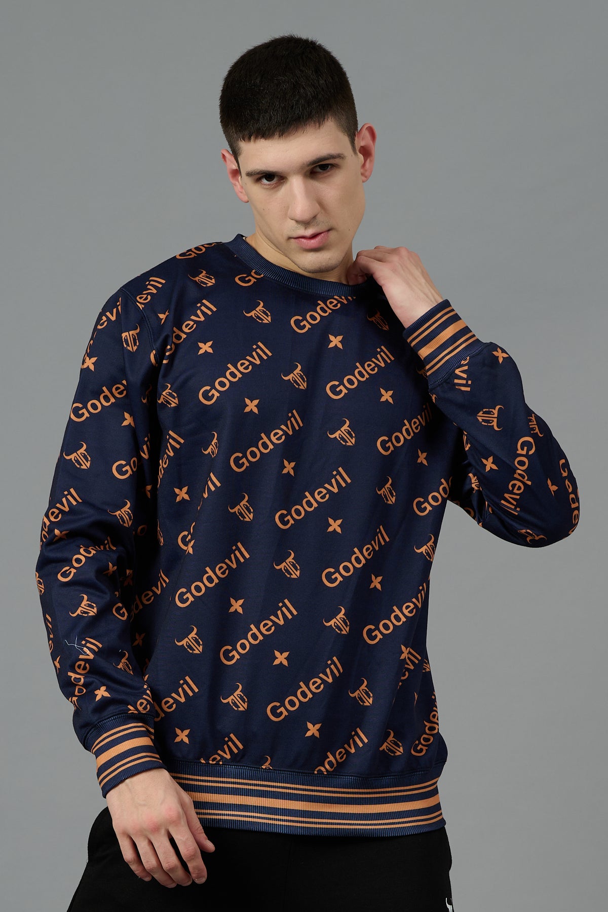 Go Devil All Over Print Orange Dark Blue Sweatshirt for Men