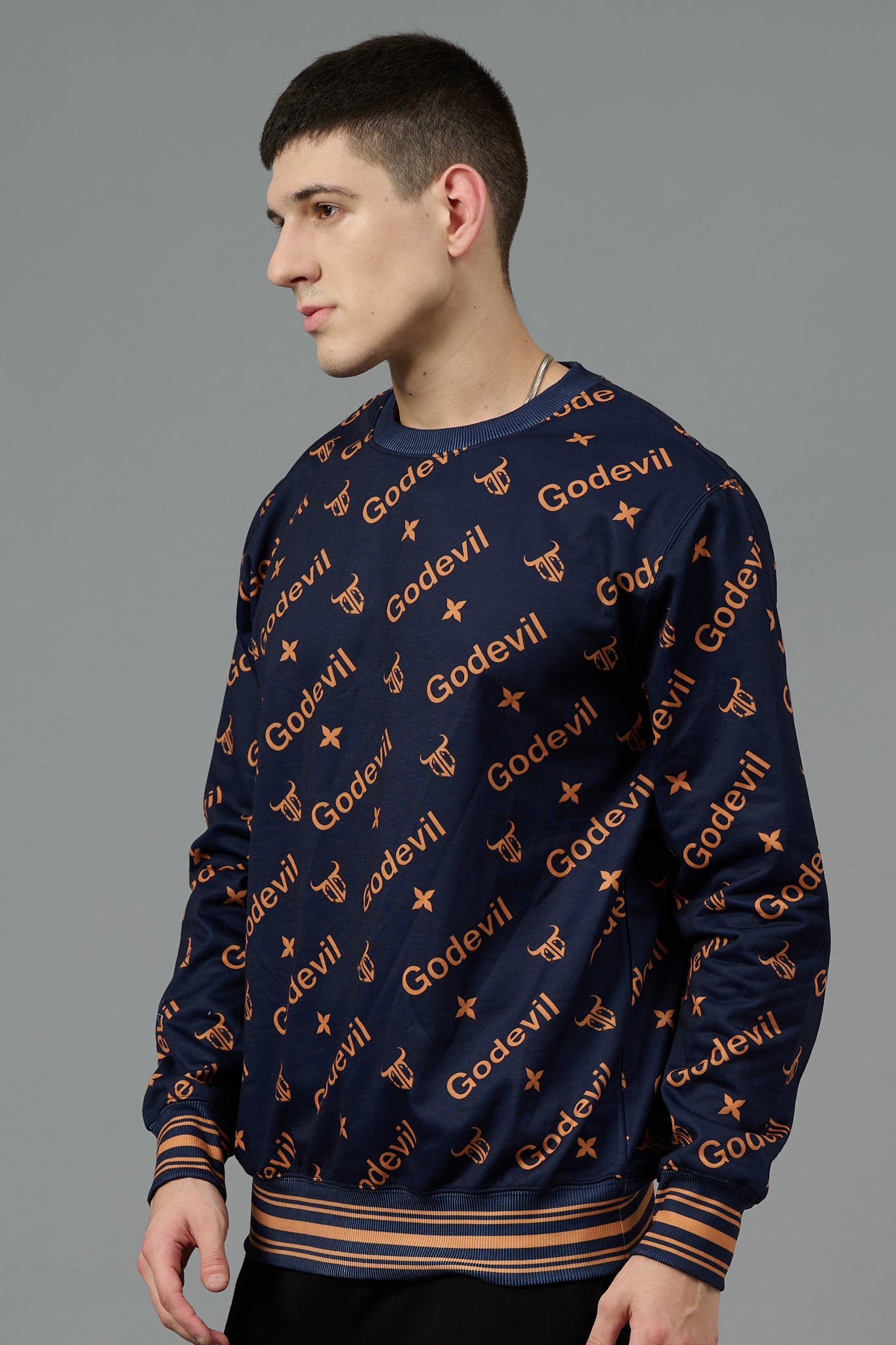 Go Devil All Over Print Orange Dark Blue Sweatshirt for Men