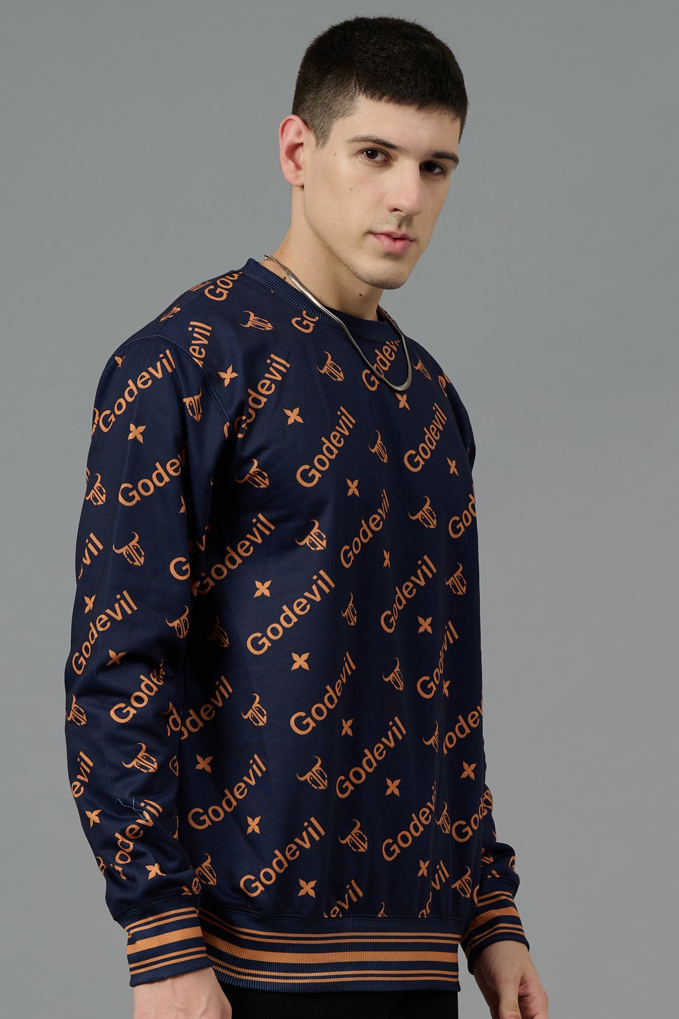 Go Devil All Over Print Orange Dark Blue Sweatshirt for Men