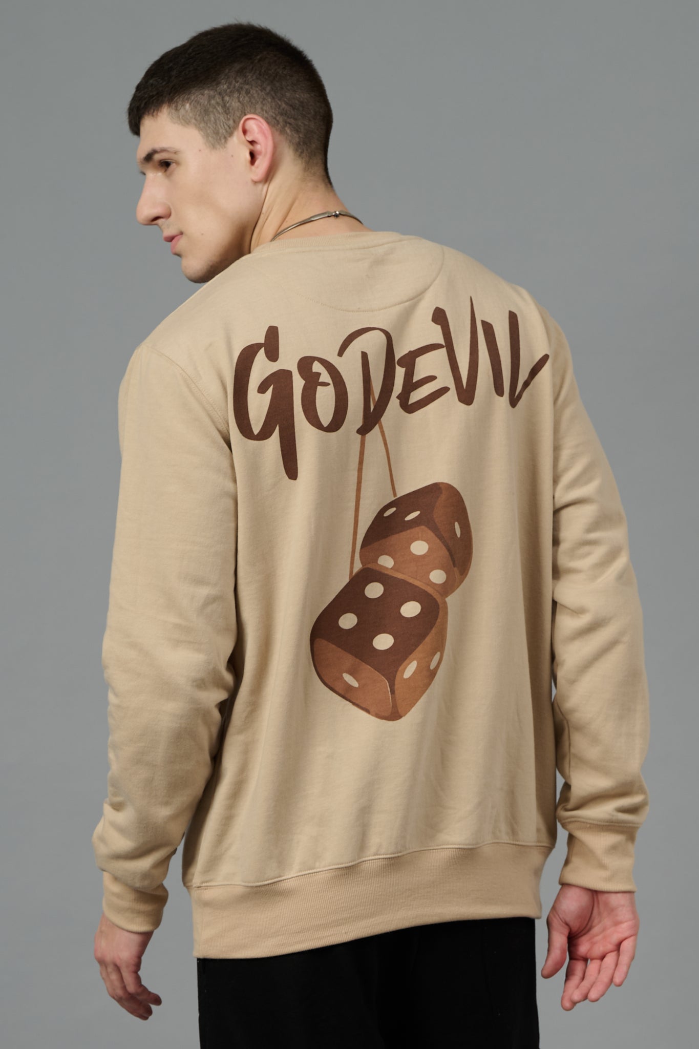 Go Devil Back Dice Printed Ivory Sweatshirt for Men