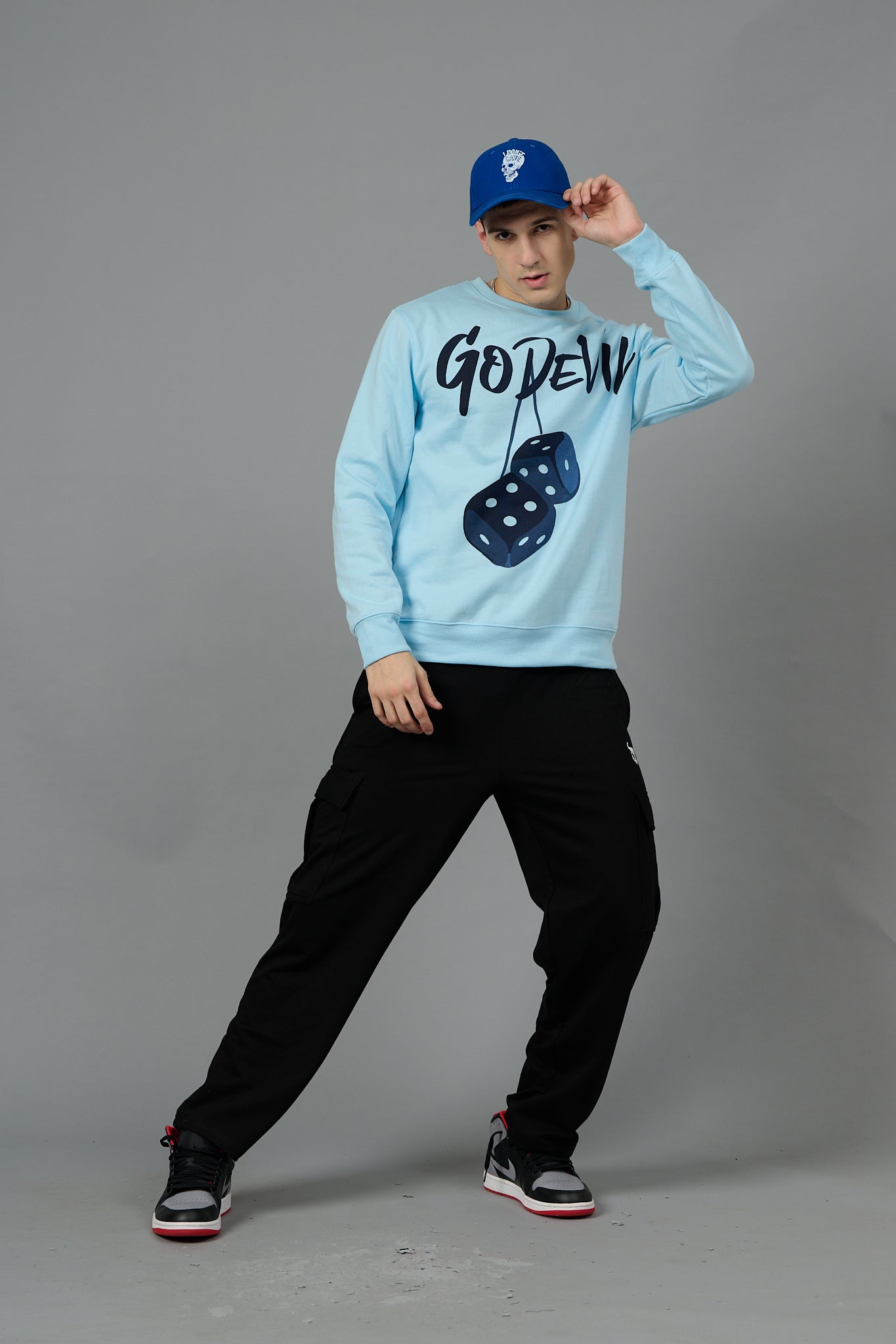 Go Devil Dice Printed Sky Blue Sweatshirt for Men