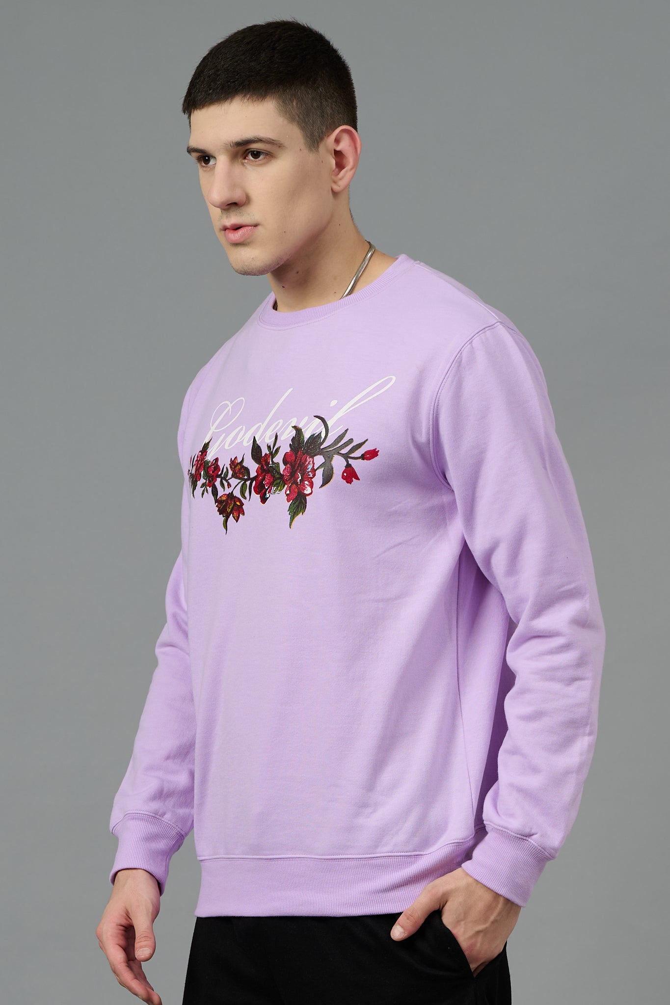 Go Devil with Flower Printed Purple Sweatshirt for Men