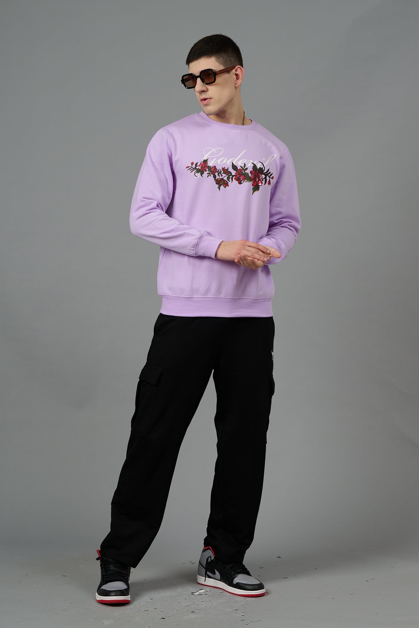 Go Devil with Flower Printed Purple Sweatshirt for Men