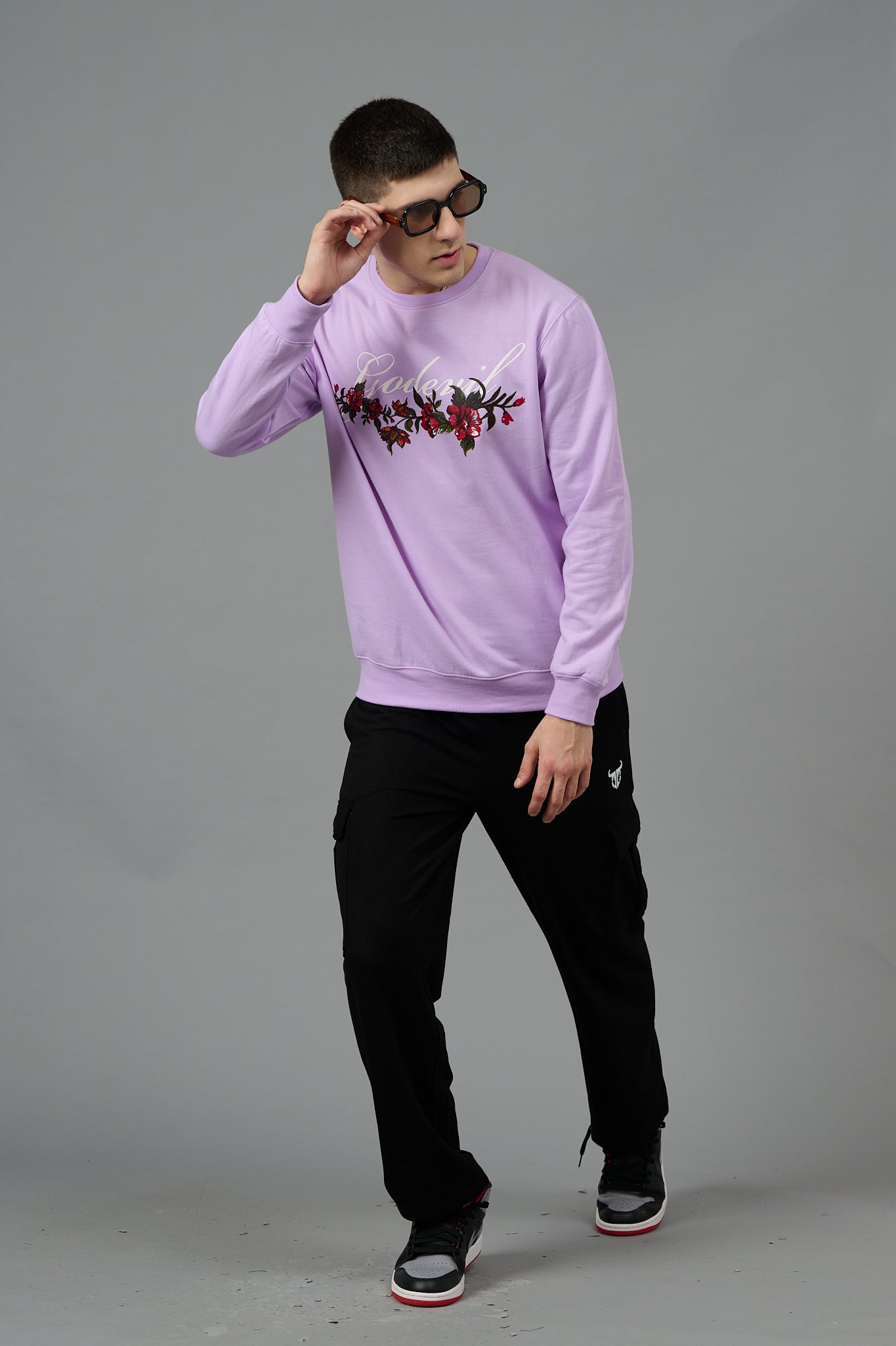 Go Devil with Flower Printed Purple Sweatshirt for Men